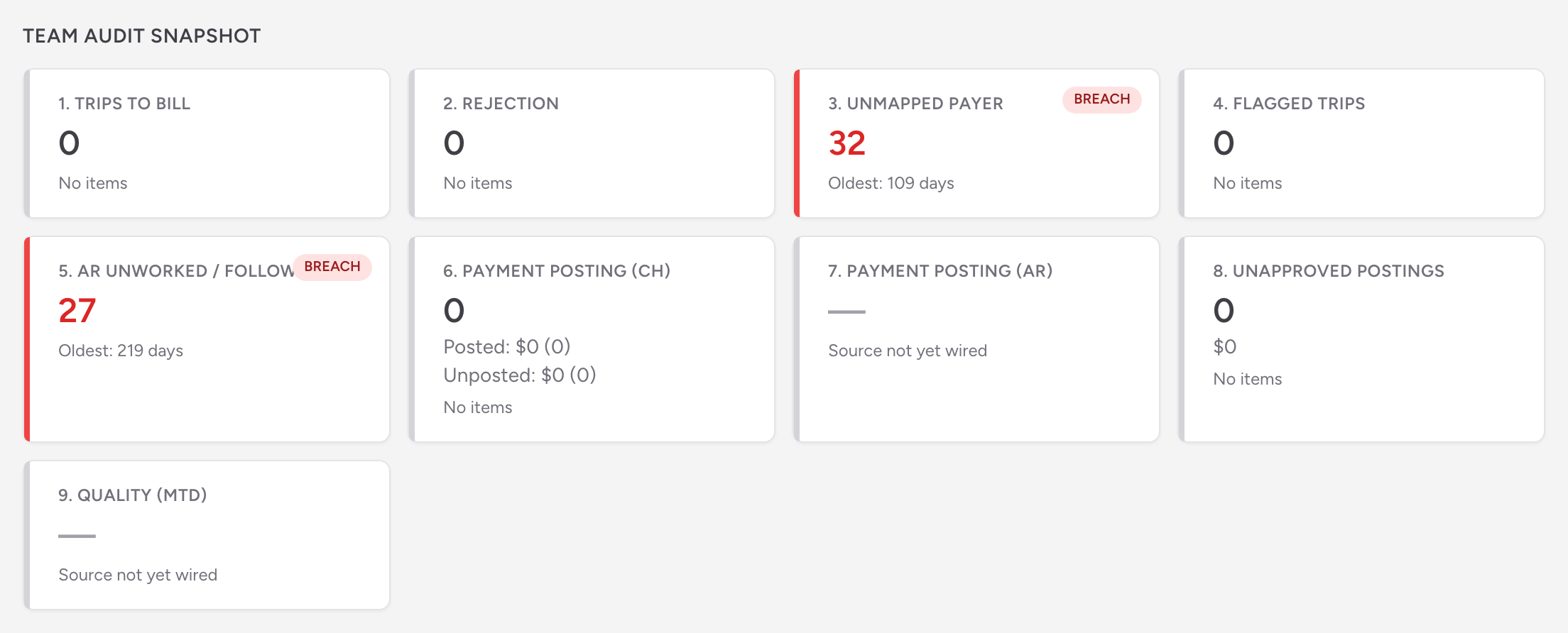 The Team Audit Snapshot tiles with counts, oldest-item ages, and ON TRACK, WATCH, and BREACH labels.