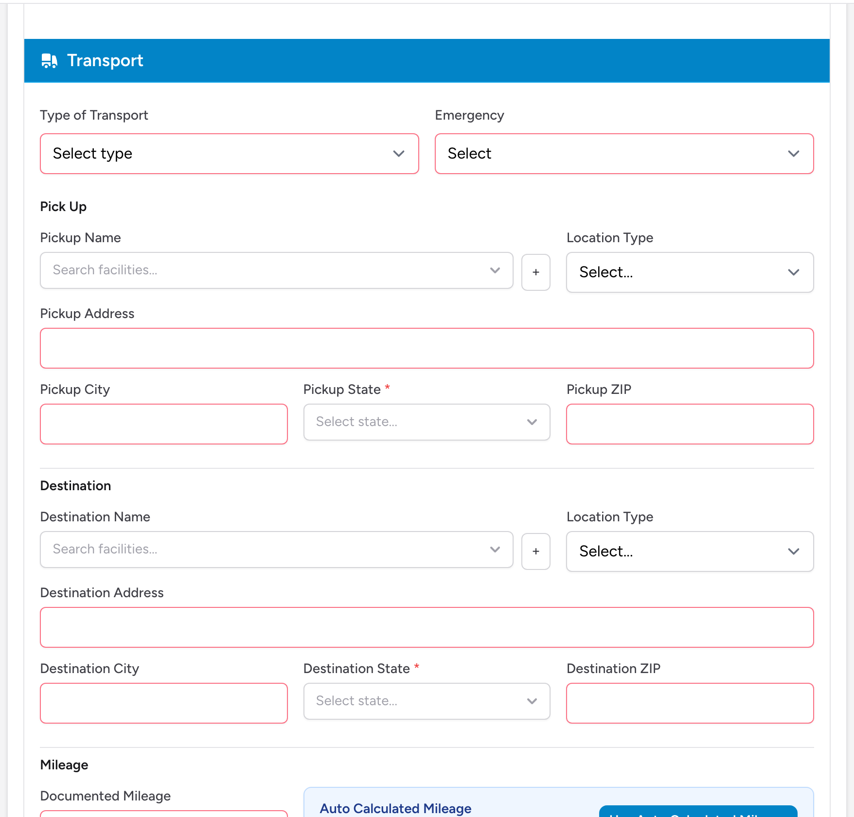 The Transport section of a claim, with pickup and destination details and the mileage comparison panel.