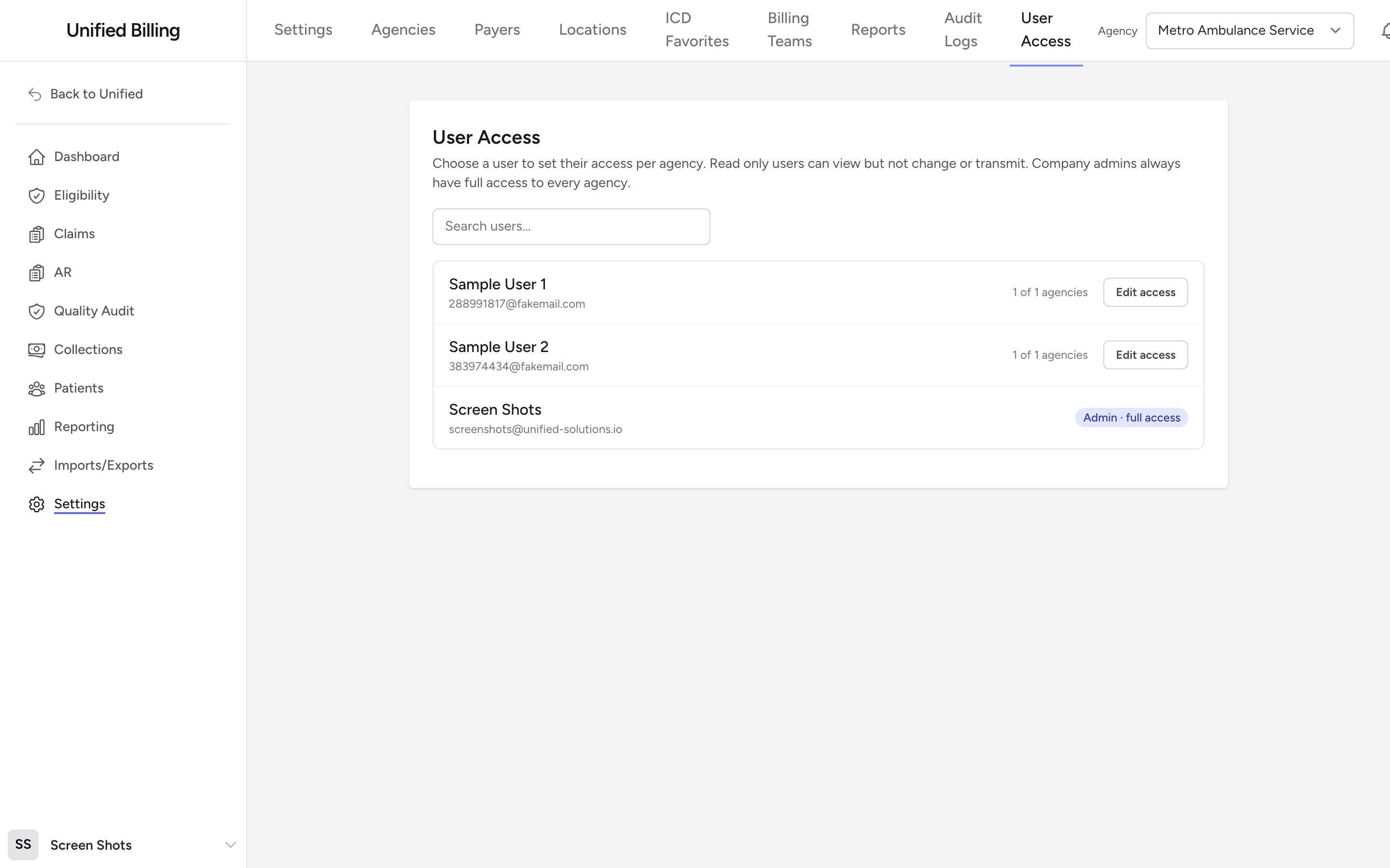 The User Access page listing users with their agency counts and Edit access buttons.