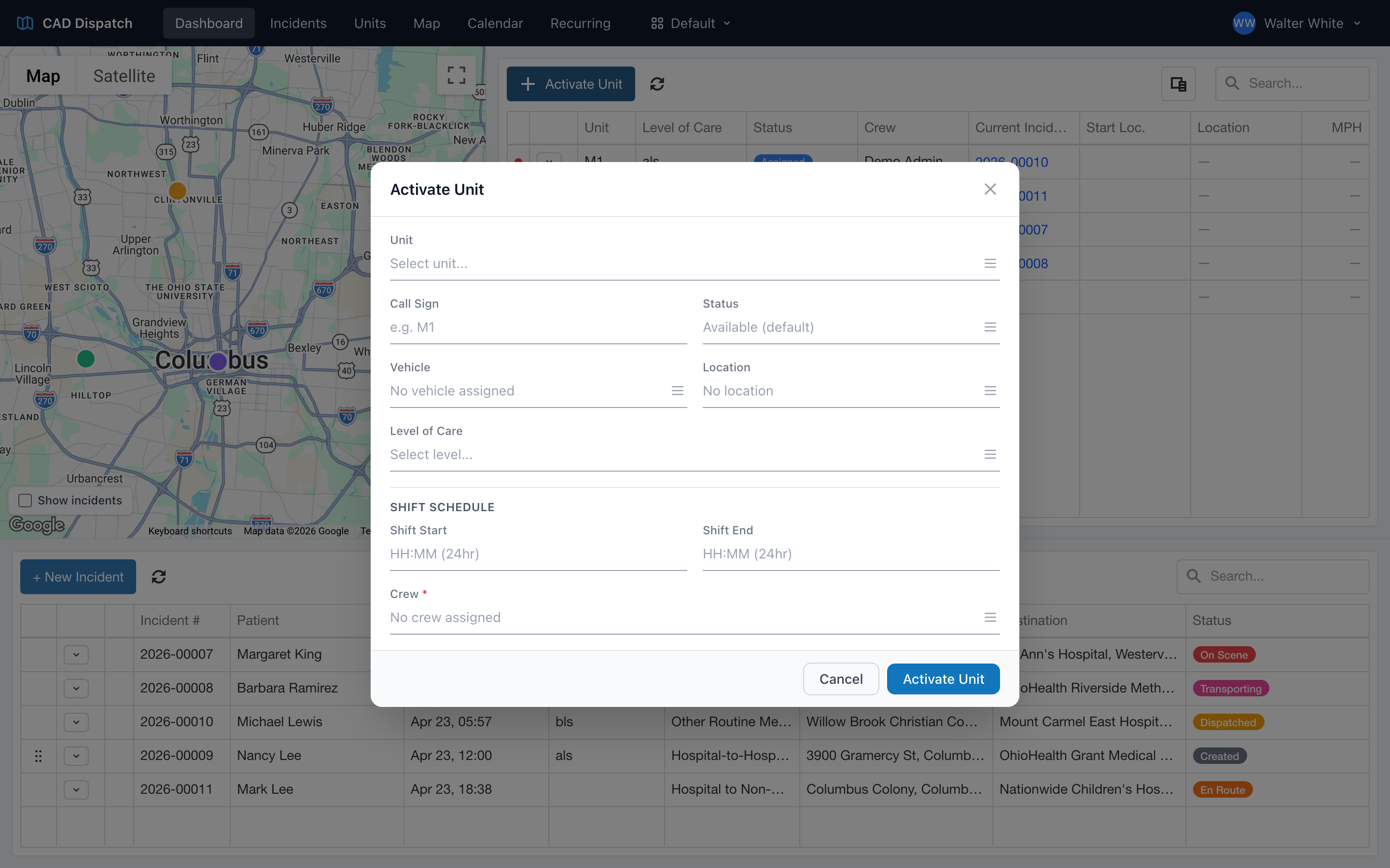 The Activate Unit form with call sign, status, level of care, location, and crew fields filled in from the template.