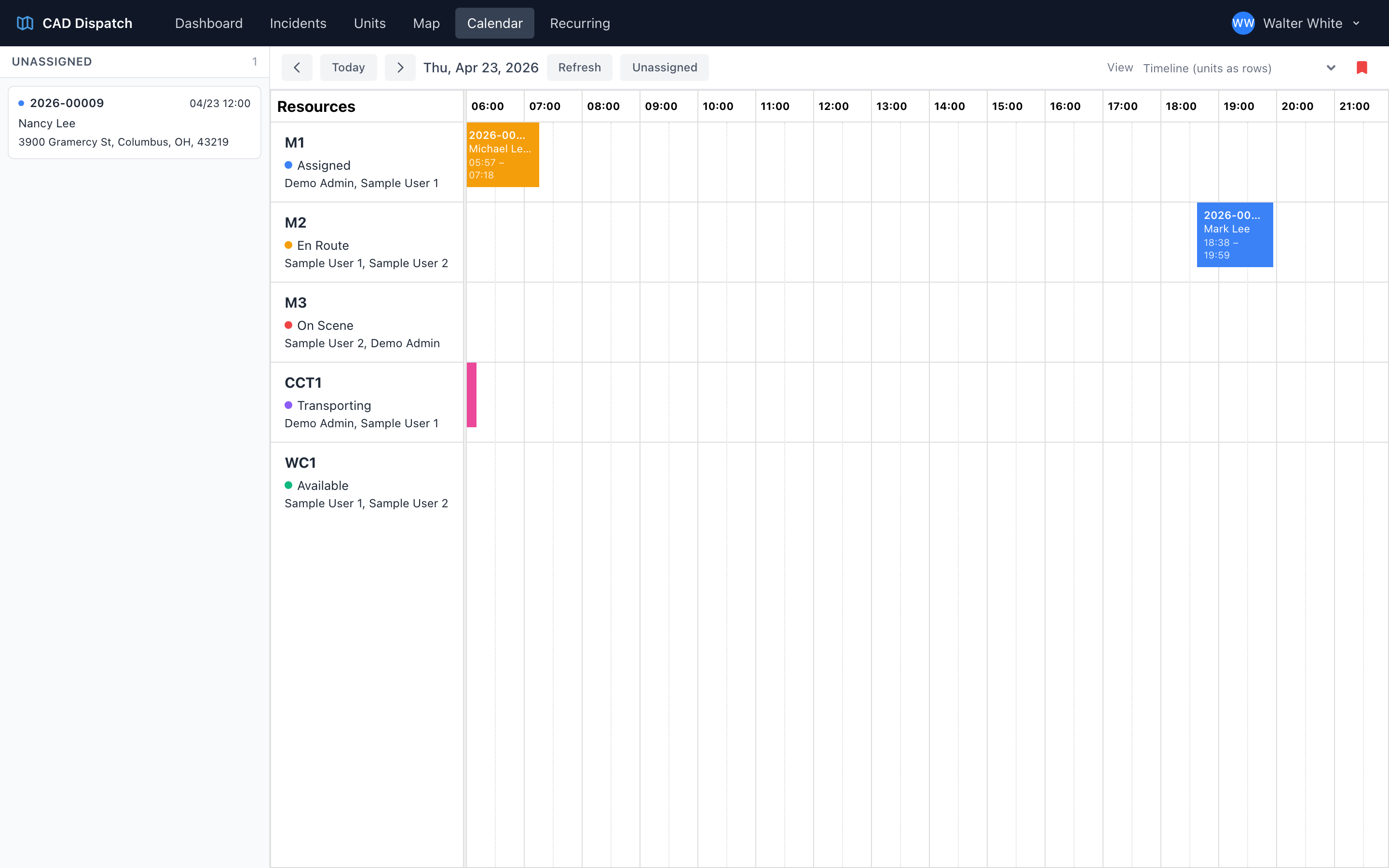 The CAD calendar view with units as rows and scheduled incidents as blocks on a horizontal timeline.