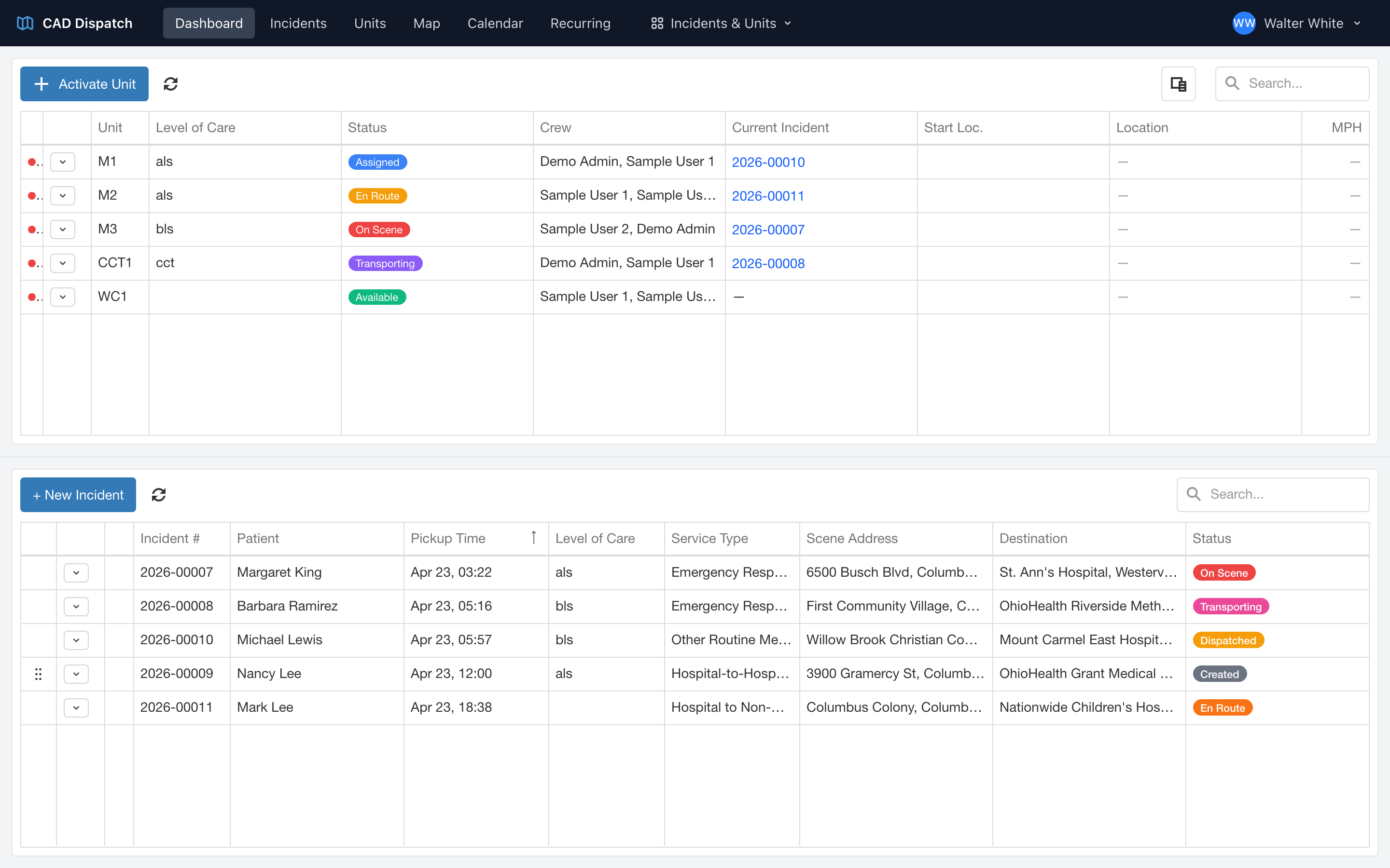 The CAD dashboard in Incidents & Units layout — the incidents table and the active units table side by side with no map.
