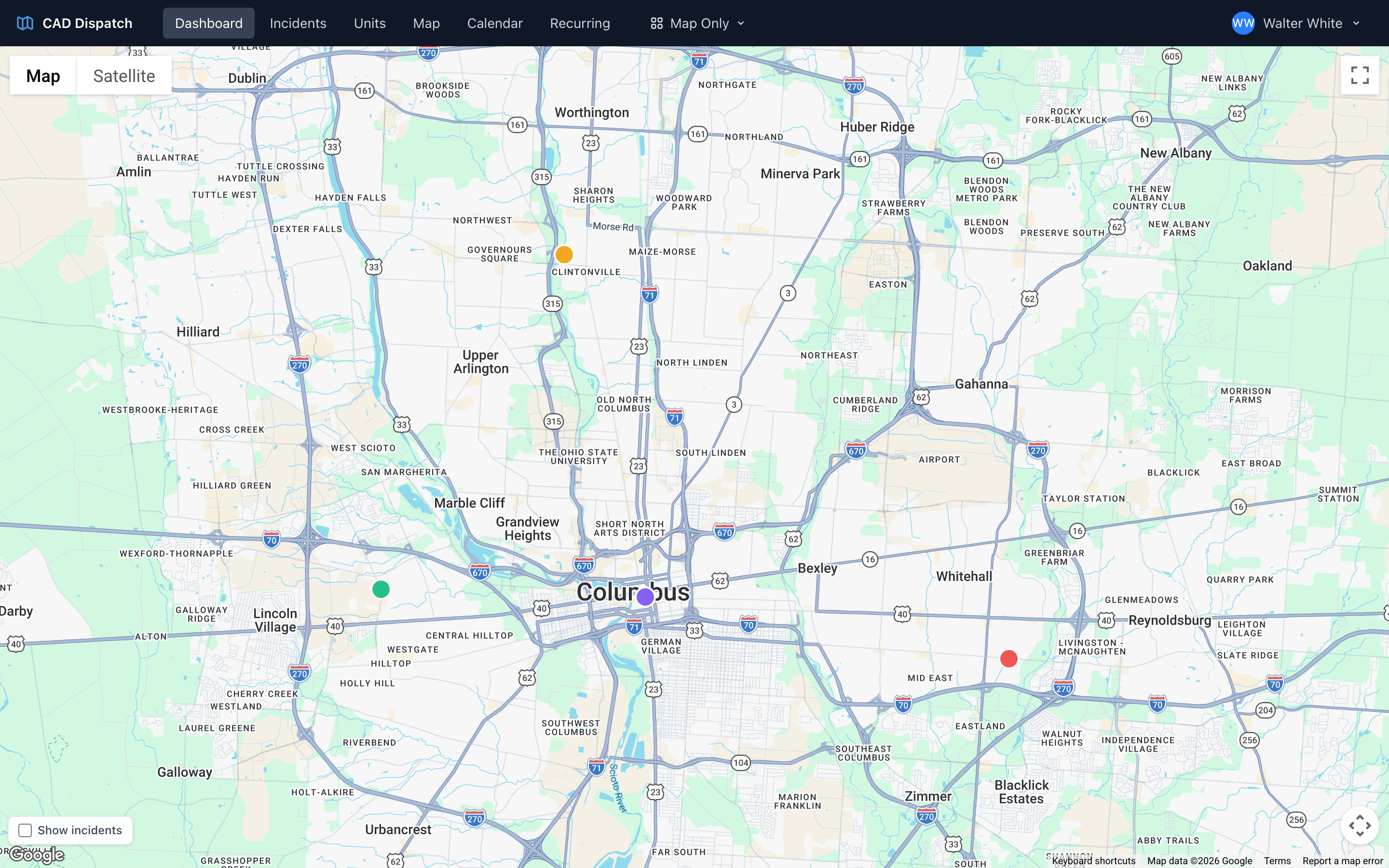 The CAD dashboard in Map Only layout — a full-screen map with no other tiles.