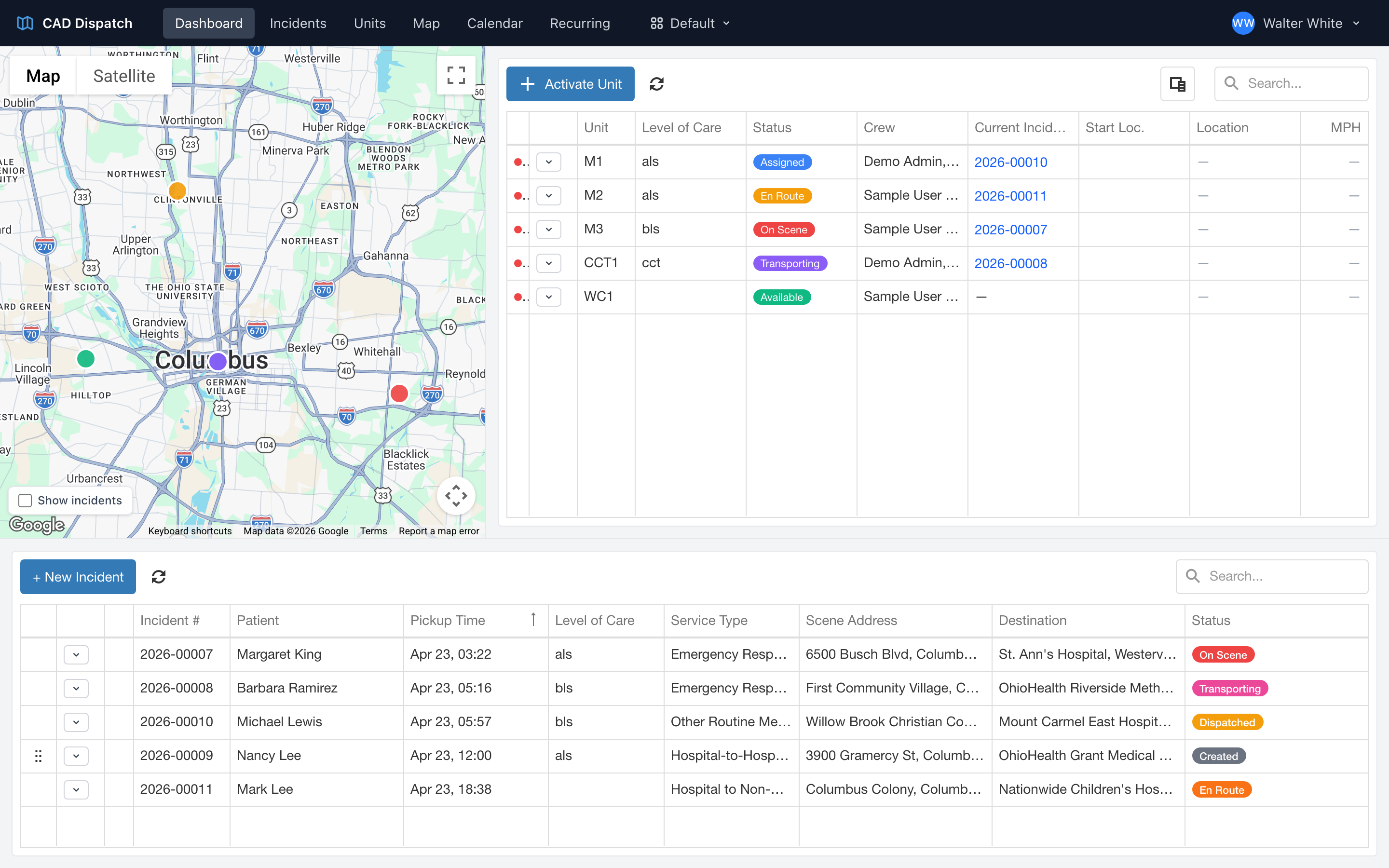 The CAD dashboard in Default layout, showing the map, the active units table, and the incidents table on one screen.