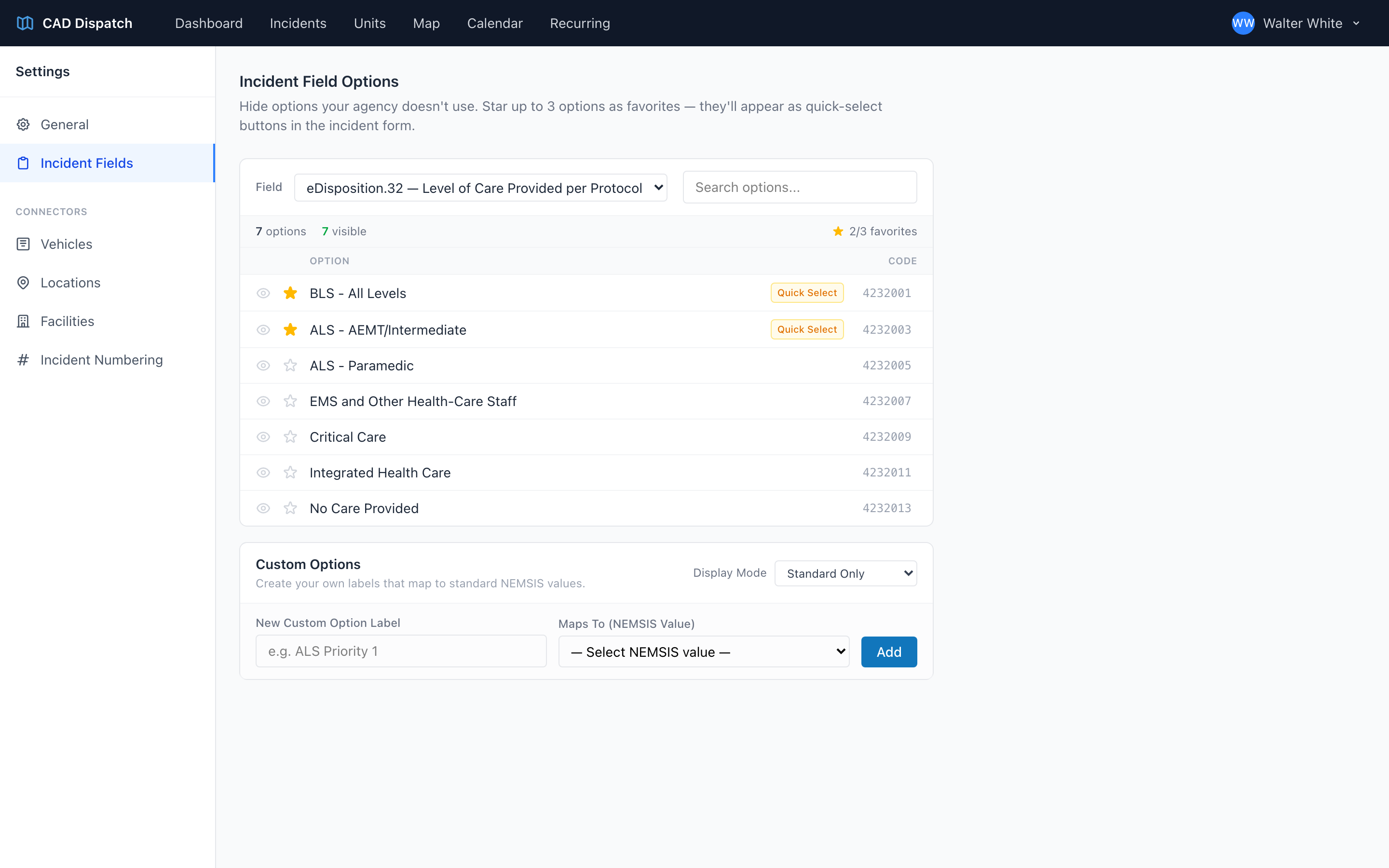 The Level of Care Provided per Protocol field options list in CAD Settings.