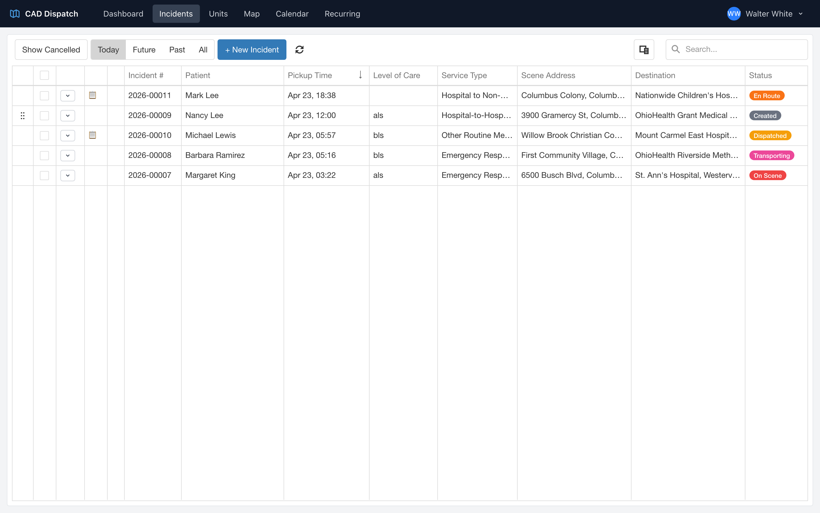 The CAD incidents page with its search, date filter, column chooser, and actions menu.