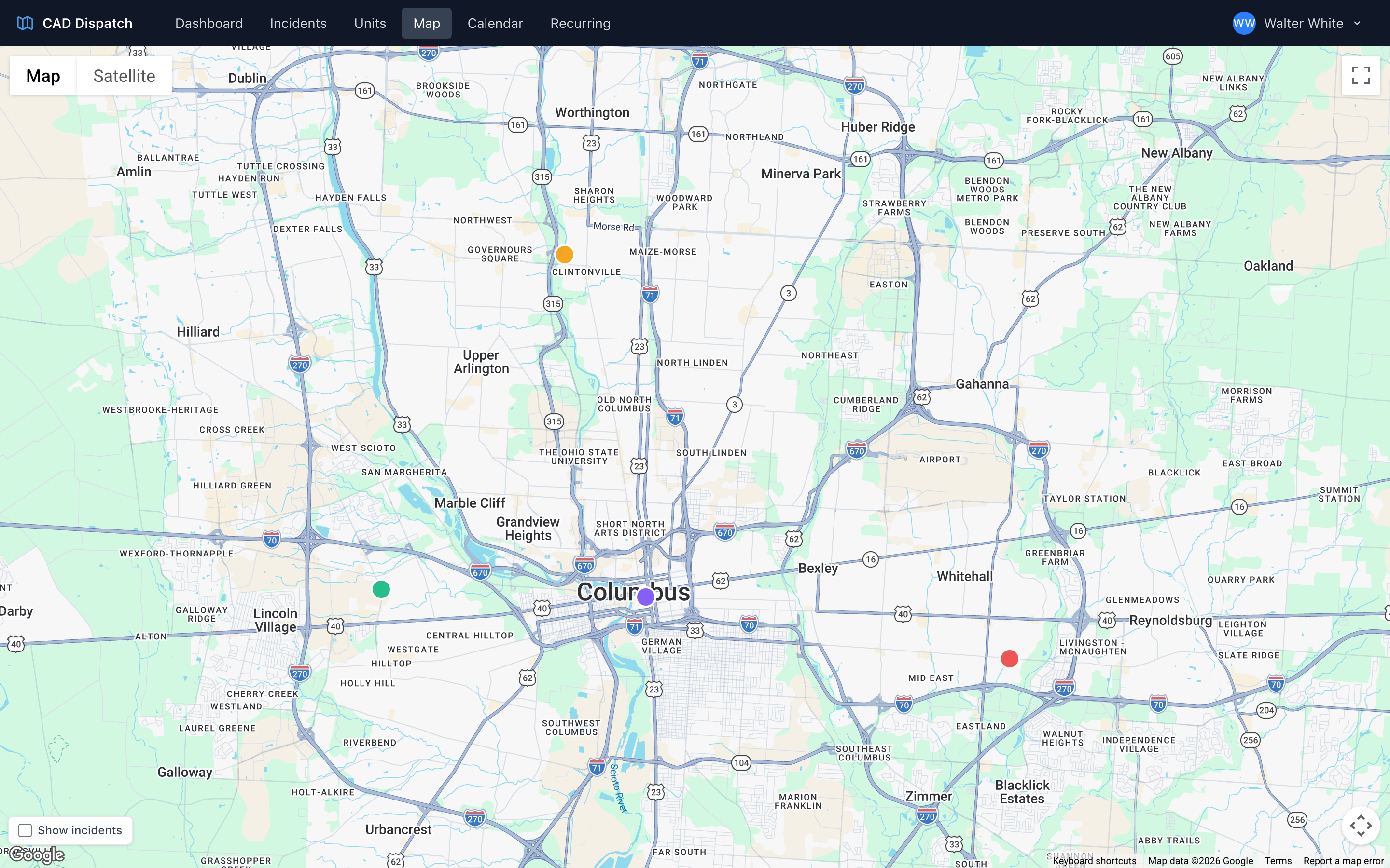 The CAD full-screen map with active units and incidents plotted on it.