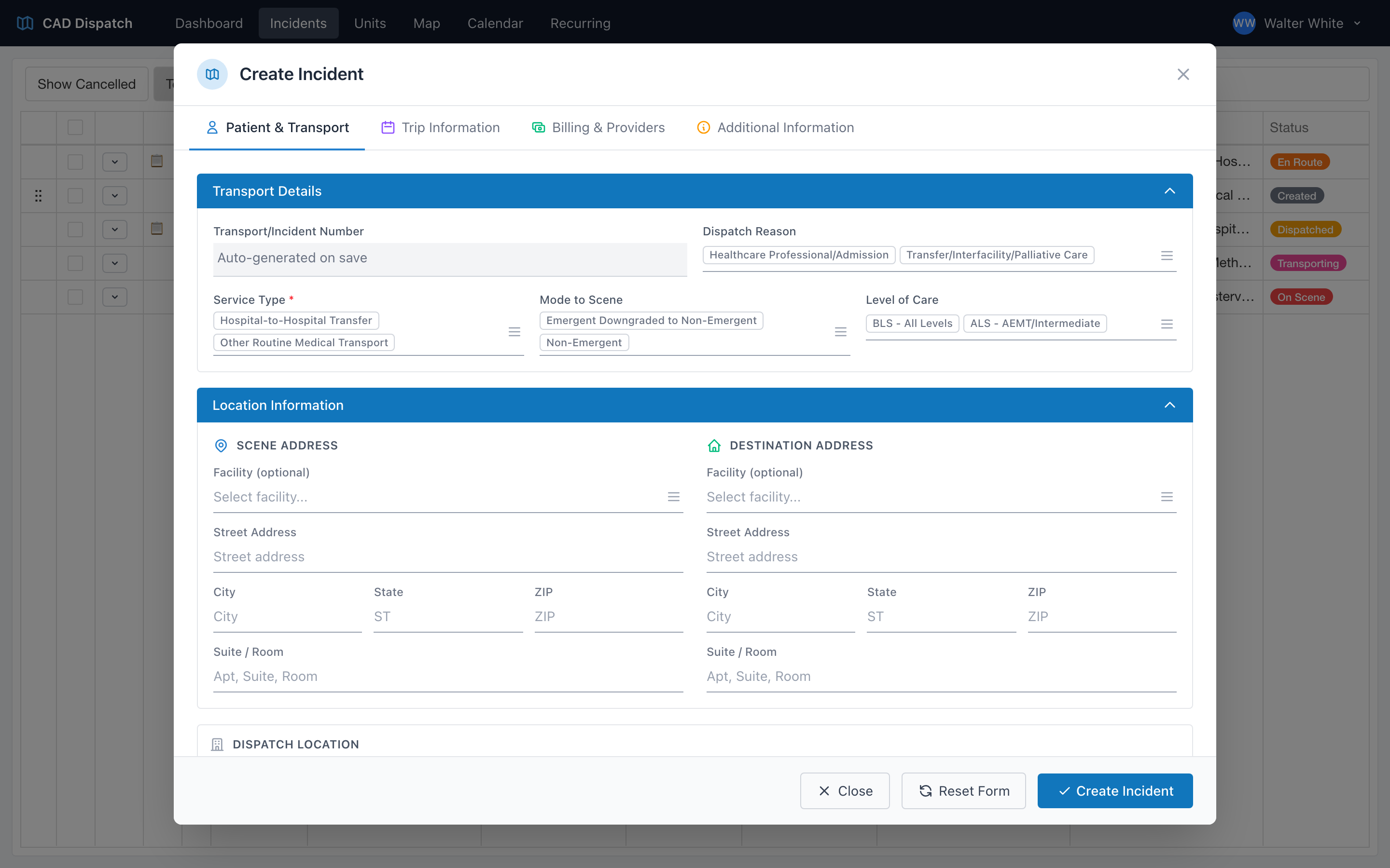 The New Incident form modal opened from the incidents page, showing the Patient & Transport tab.