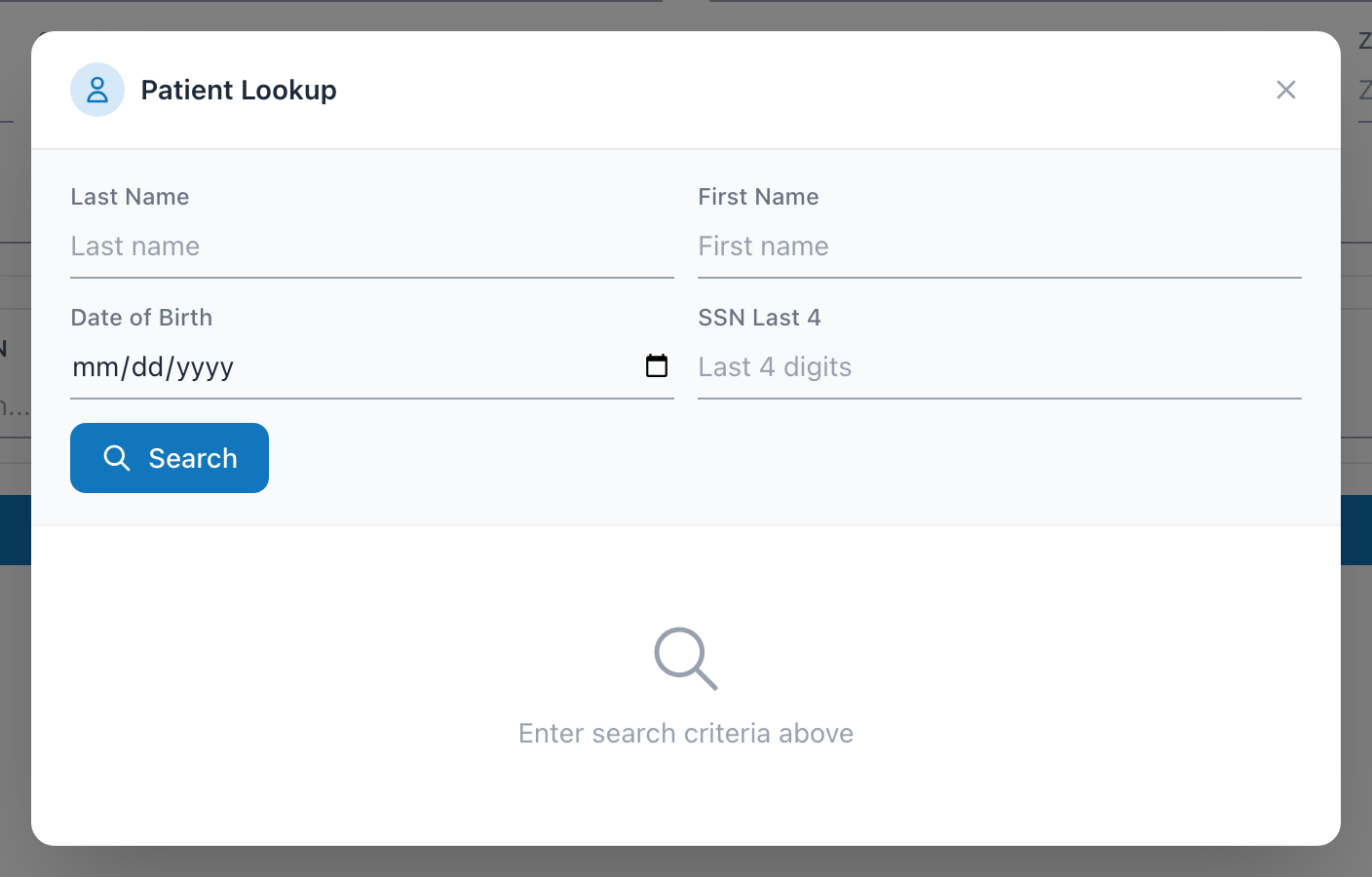 The Add Patient search window inside the incident form, with fields for last name, first name, date of birth, and SSN.