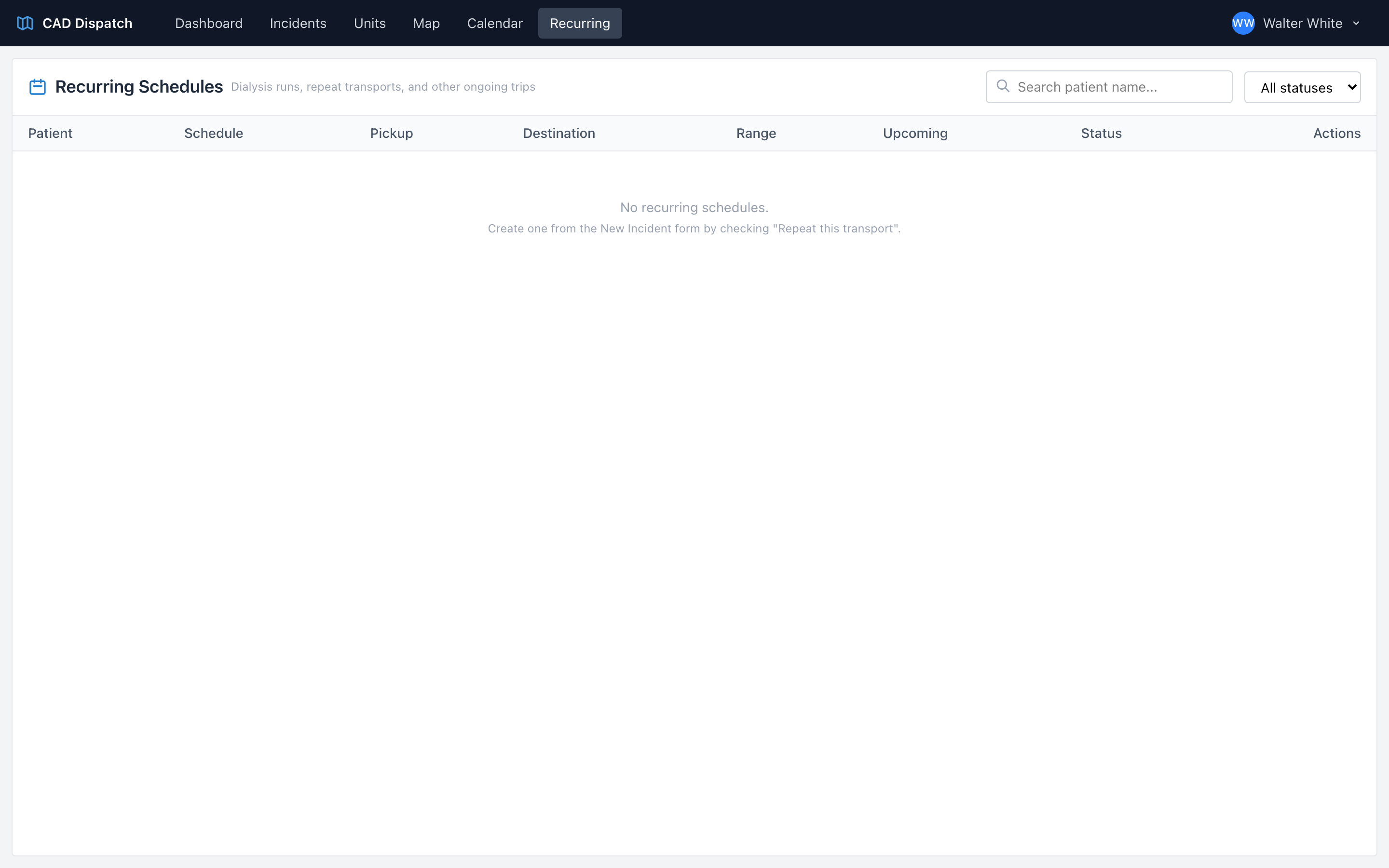 The CAD Recurring Schedules page with the table of active and paused schedules.