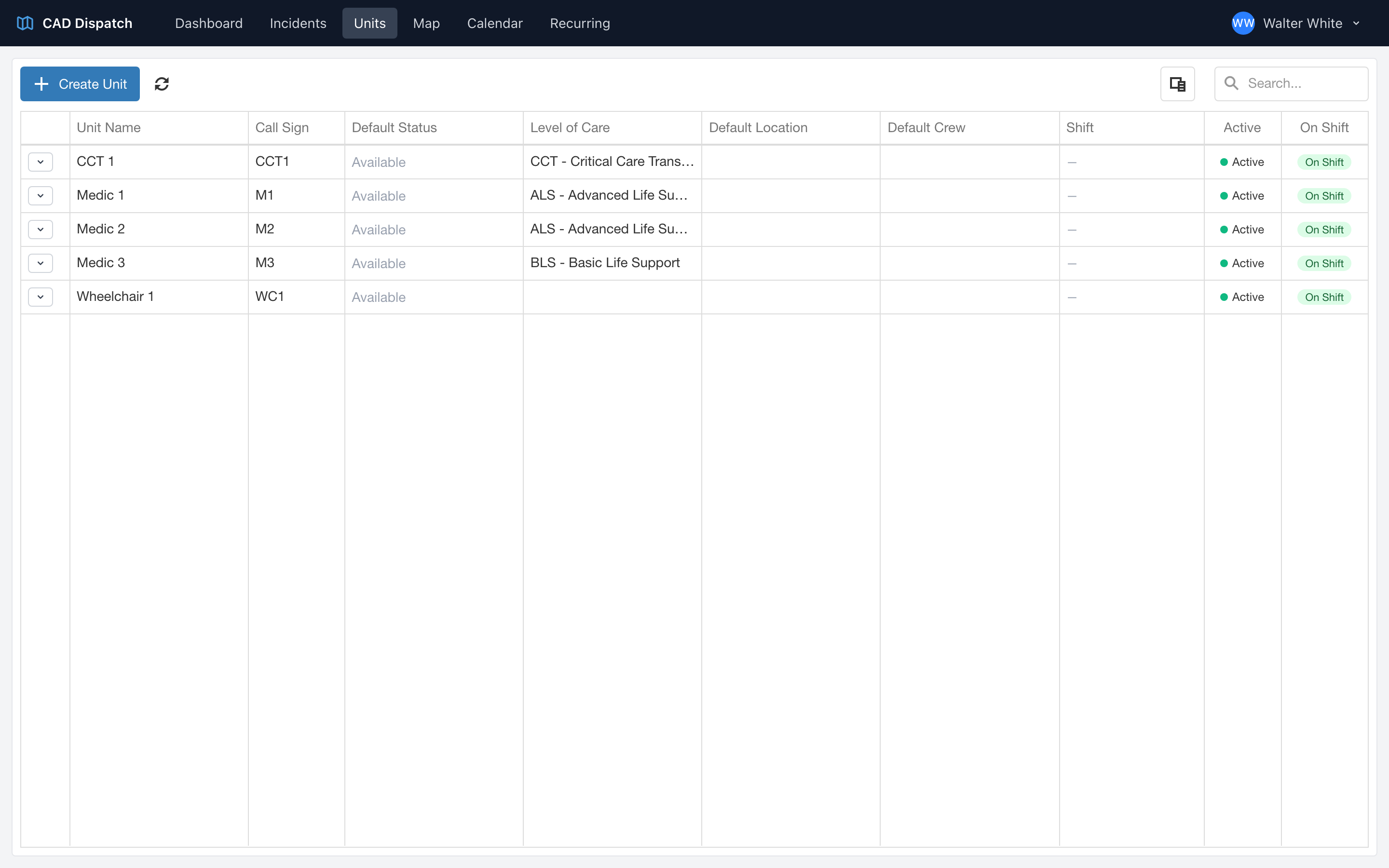 The CAD Units page with the list of unit templates for the agency.