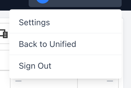 The CAD user menu dropdown showing Settings, Back to Unified, and Sign Out links.