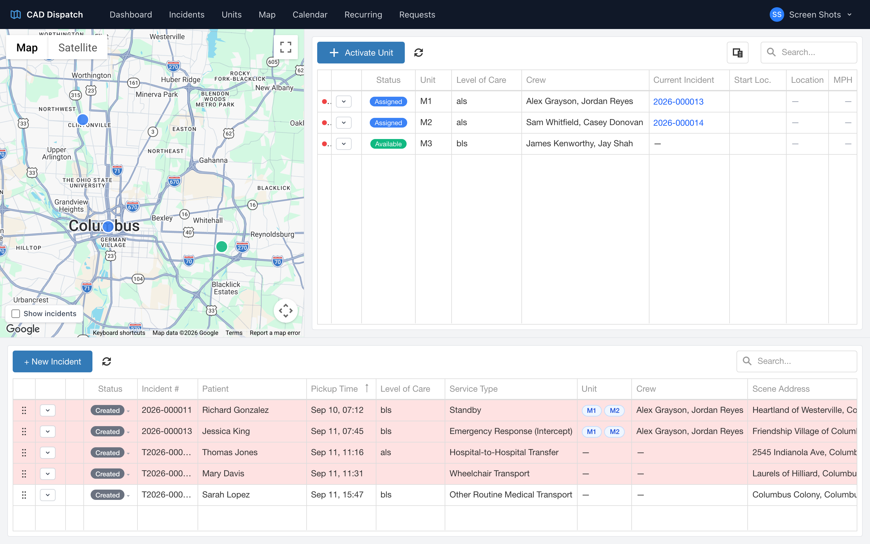 The dispatch board showing one call with two responding units, each with its own incident number.