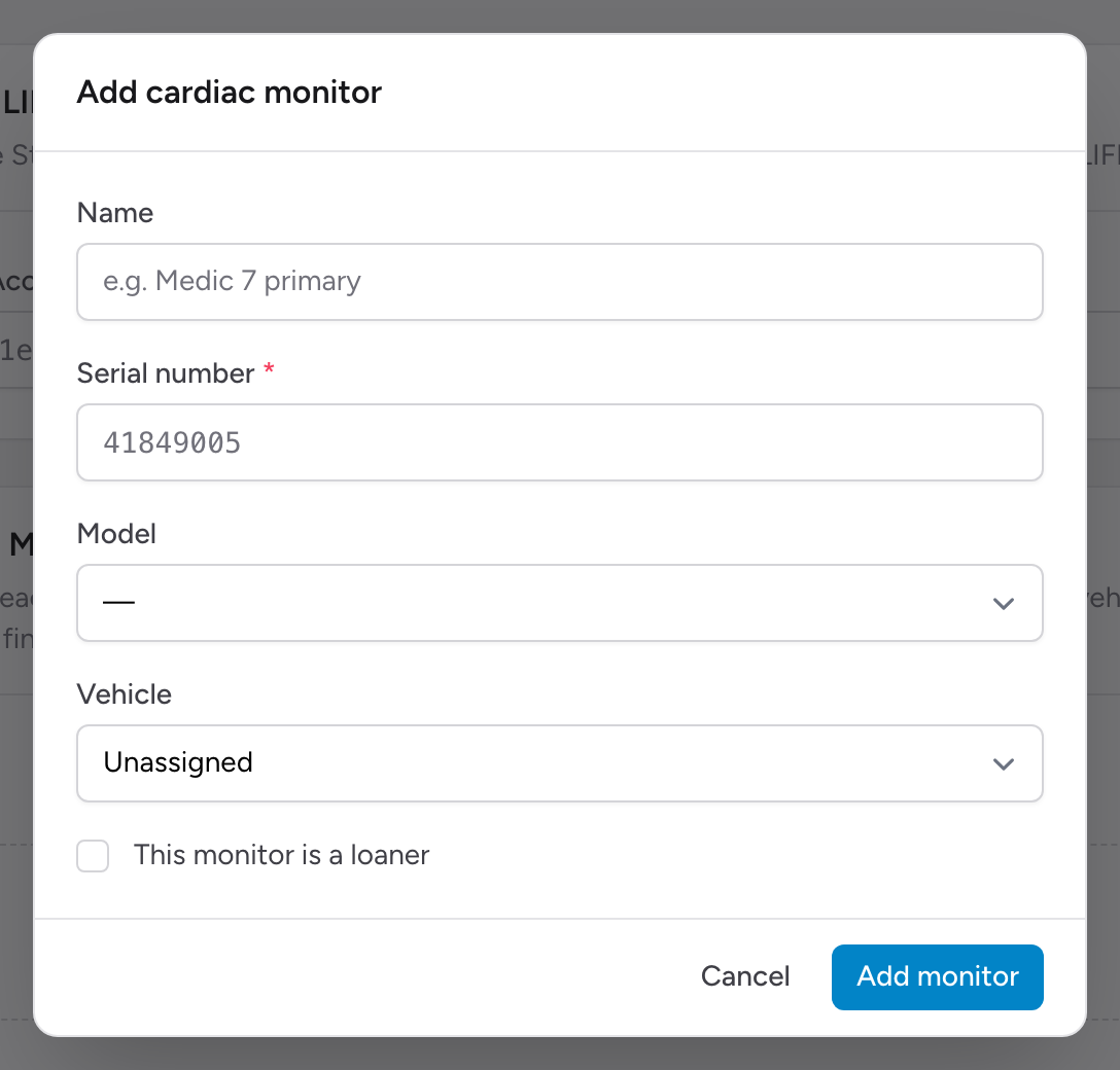 The Add cardiac monitor modal with Name, Serial number, Model, Vehicle, and loaner checkbox fields.