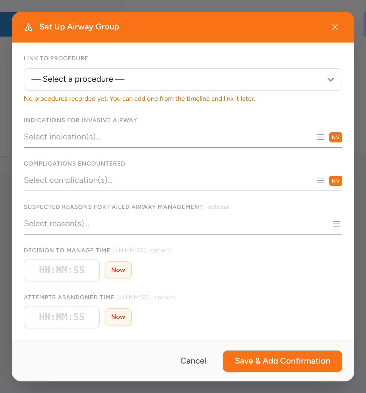 The Set Up Airway Group modal in CloudPCR showing Indications for Invasive Airway, Complications Encountered, and other airway fields.