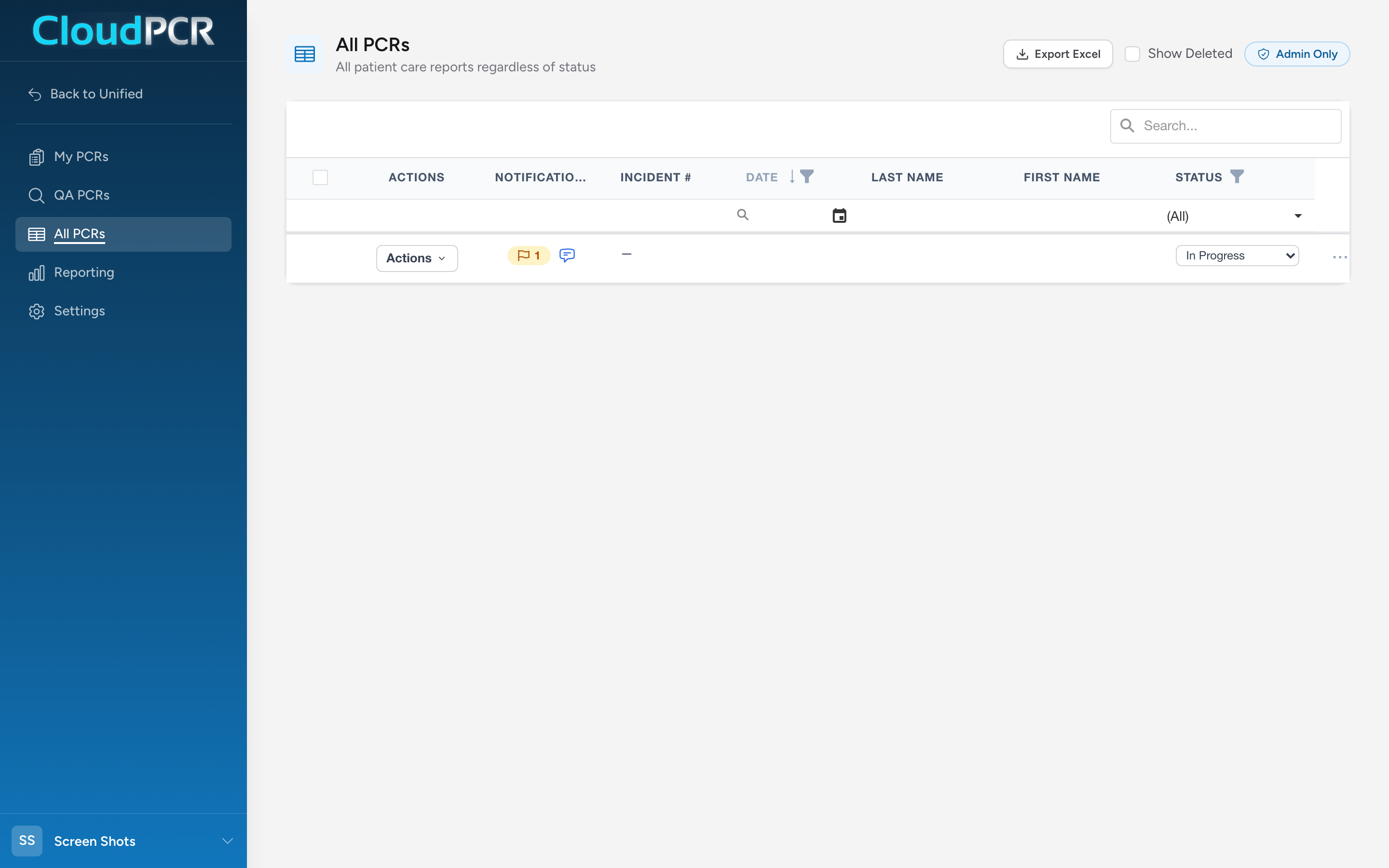 The All PCRs page showing every PCR at the agency with search, filters, Actions menu, and bulk toolbar.