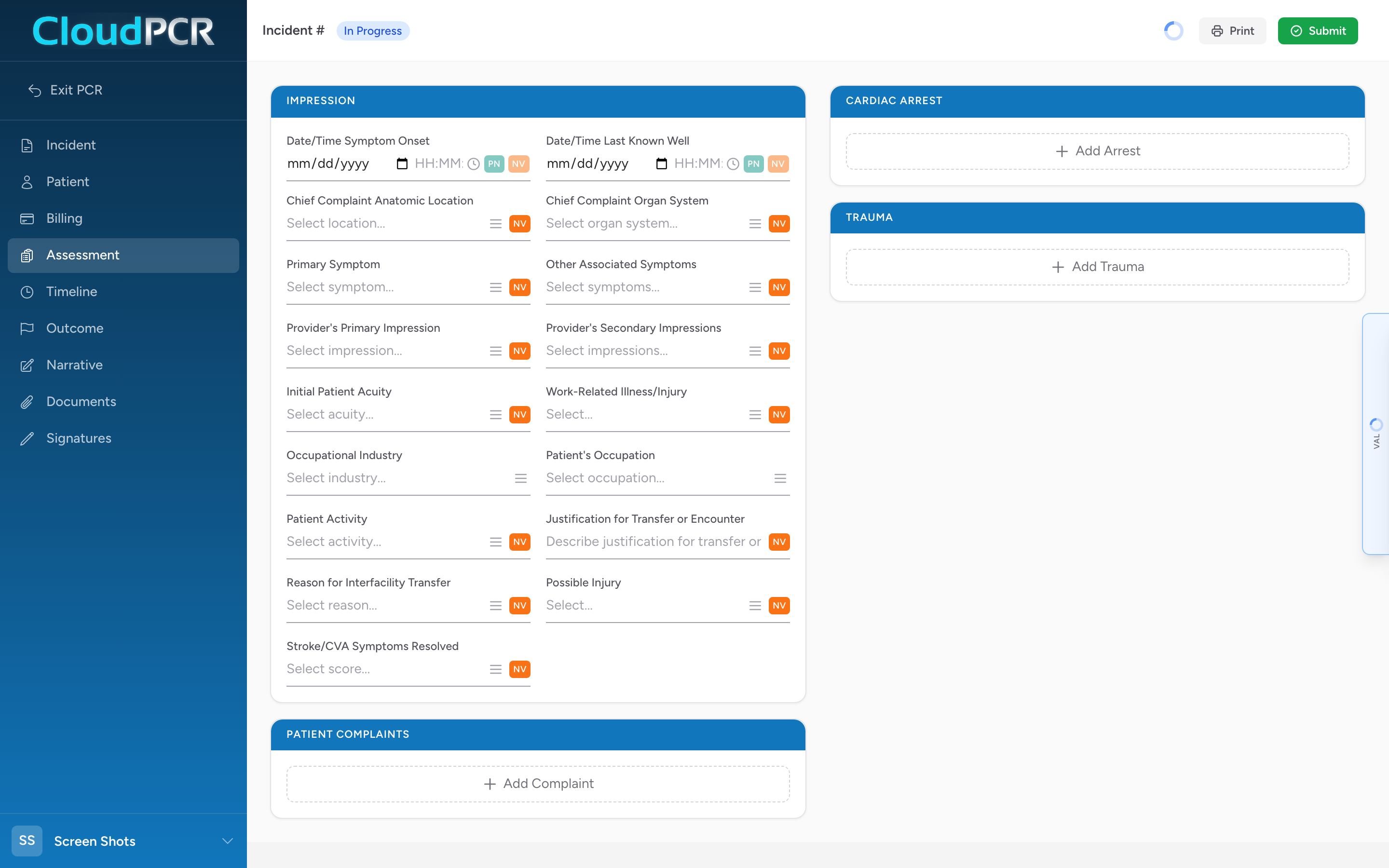 The Assessment tab of a CloudPCR record with Impression, Patient Complaints, Cardiac Arrest, and Trauma sections.