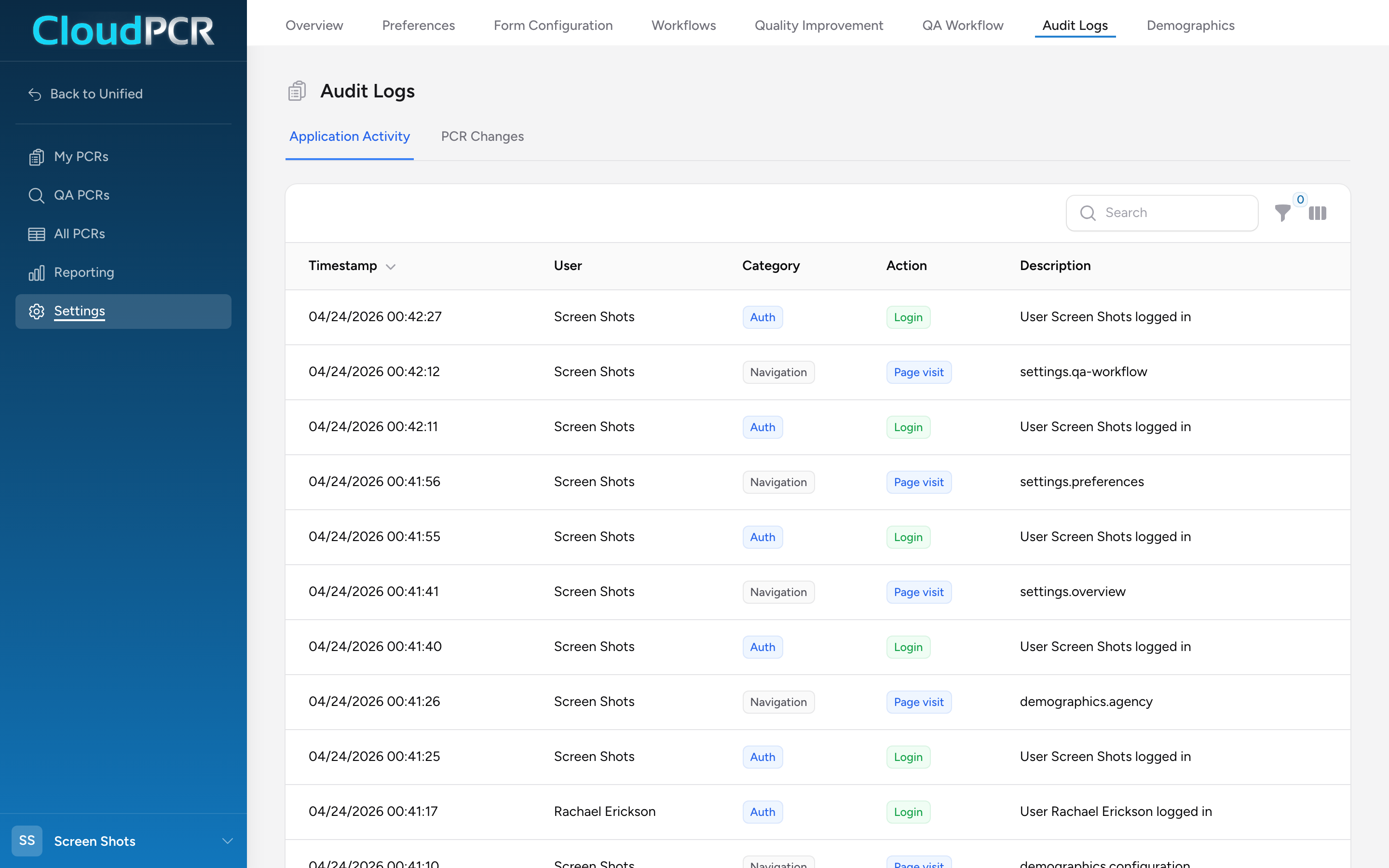 The Audit Logs page with Application Activity and PCR Changes tabs, showing timestamp, user, category, action, and description columns.