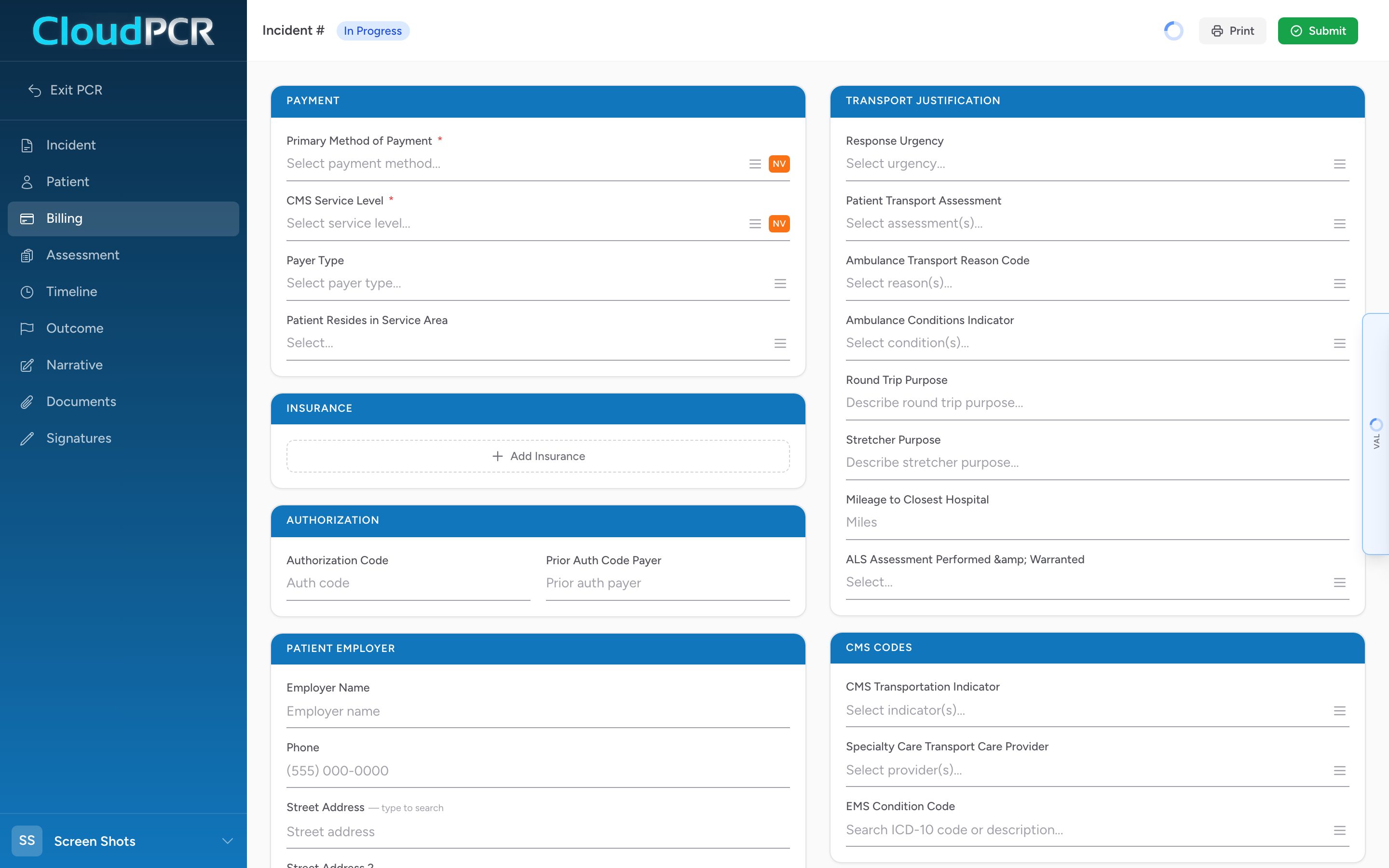 The Billing tab of a CloudPCR record with Payment, Insurance, Authorization, Employer, Transport Justification, CMS Codes, PCS, and Supplies sections.