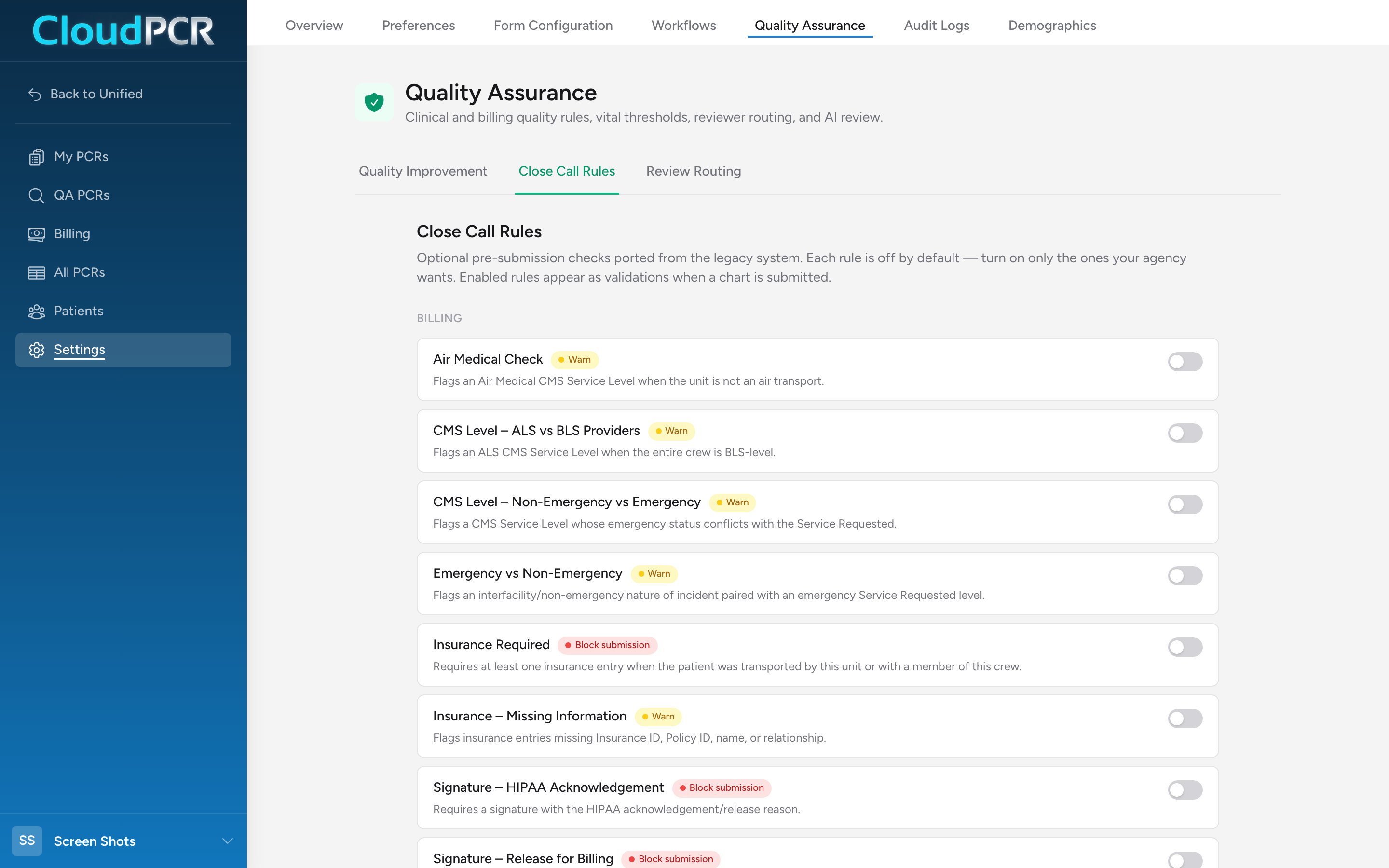 The Close Call Rules tab with clinical and billing rules, severity badges, and on/off toggles.