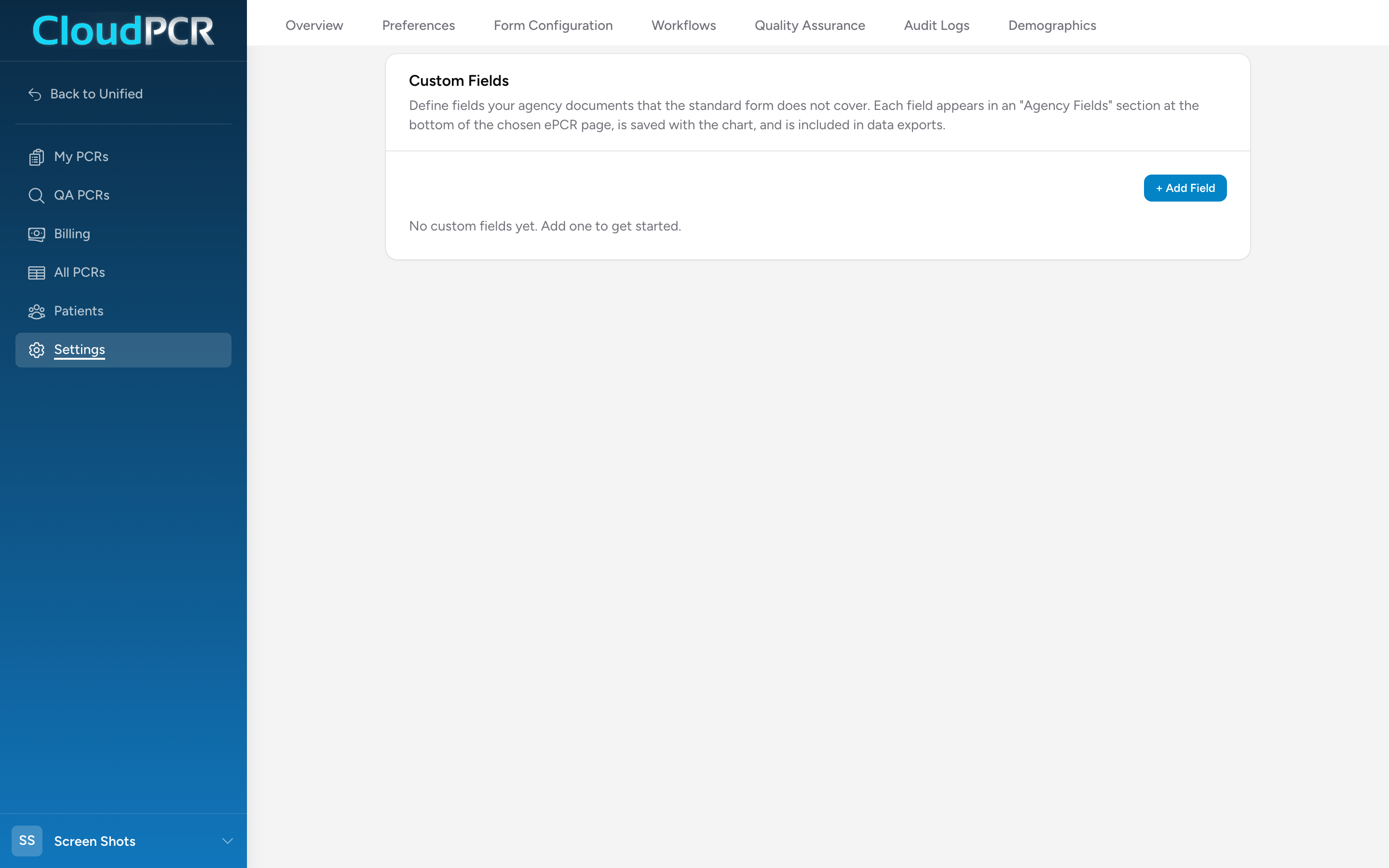 The Custom Fields page listing each field with its page and type, and the + Add Field button.
