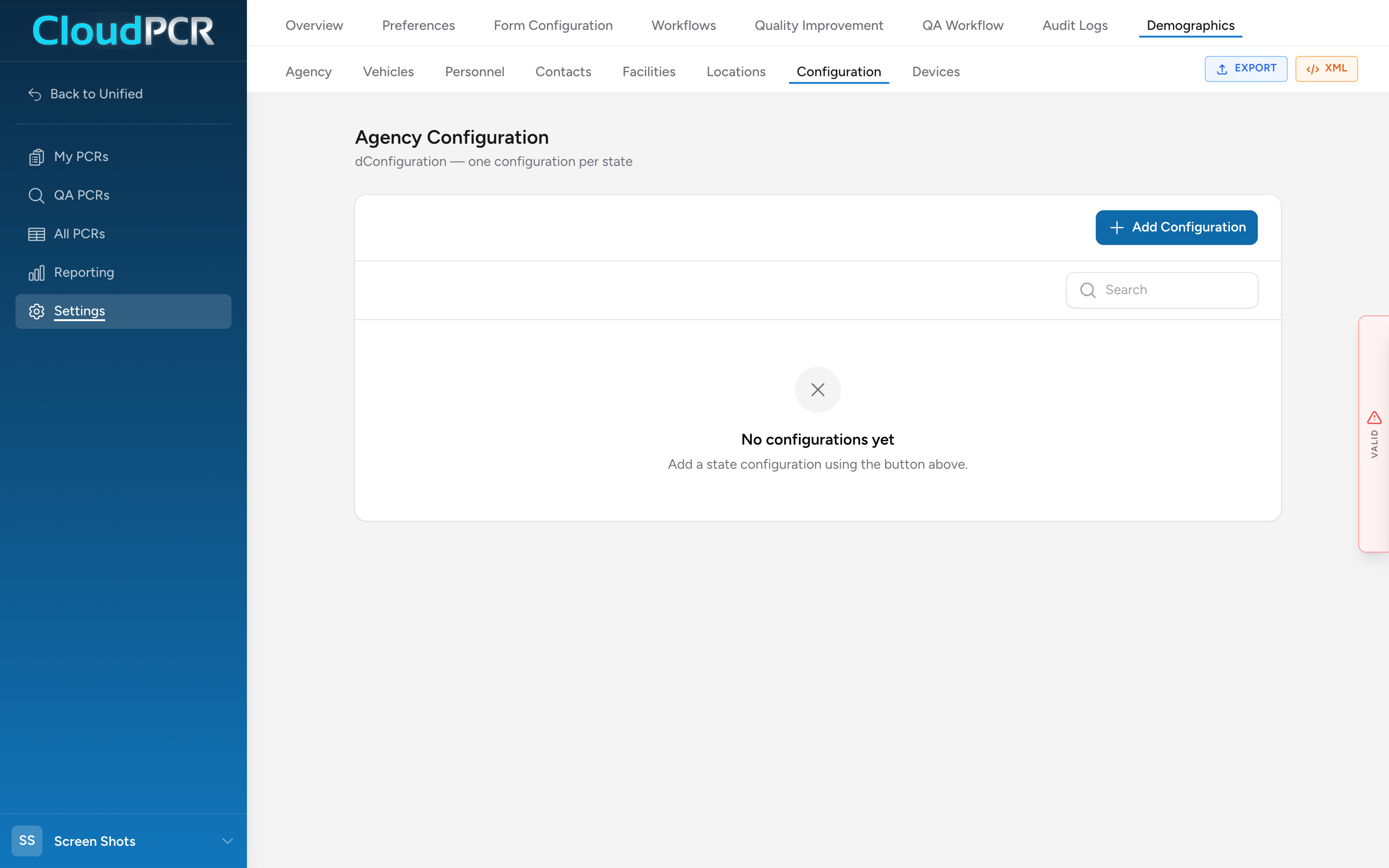 The Demographics Configuration page listing the agency's state configurations.