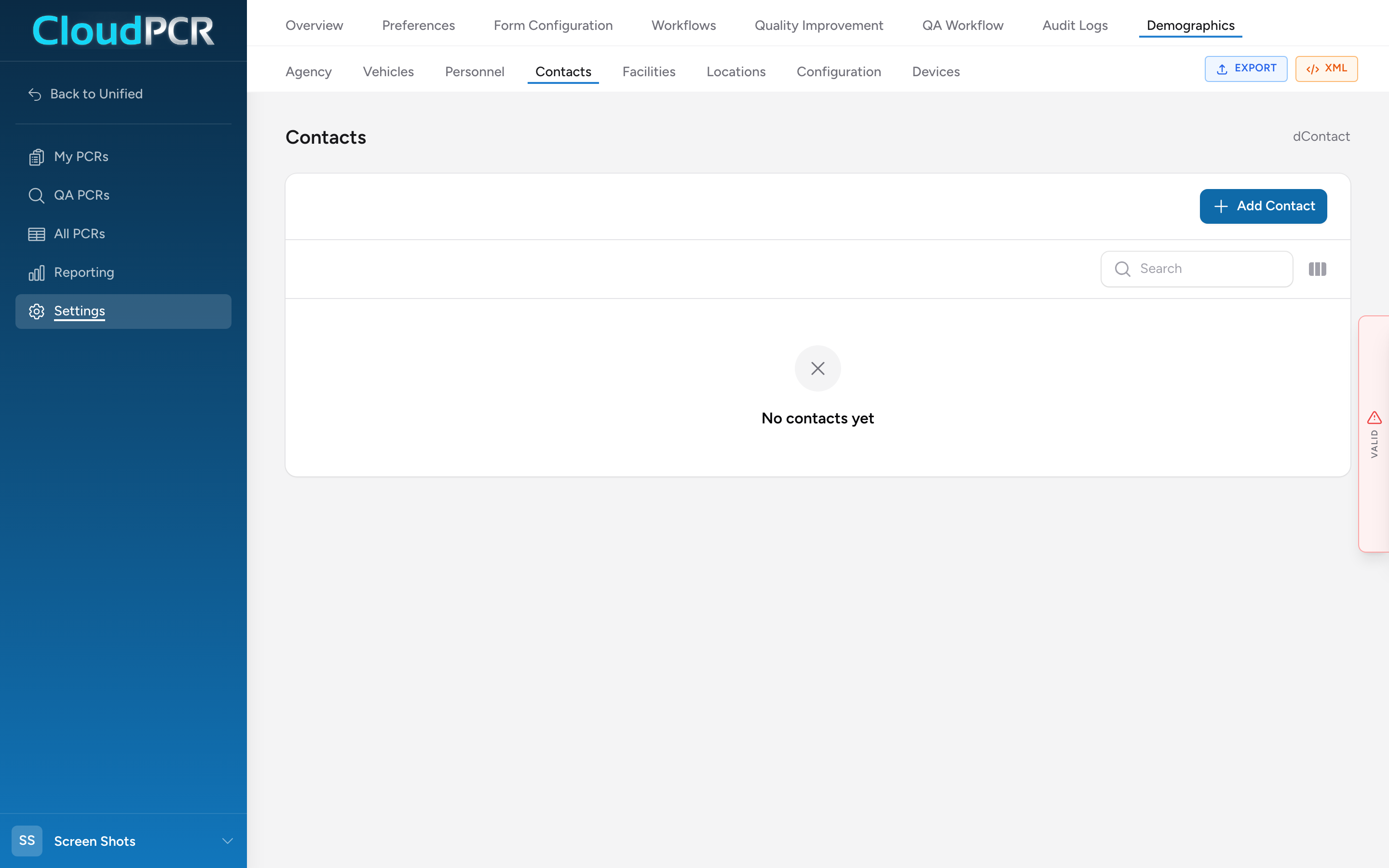 The Demographics Contacts page with medical directors and other named contacts.