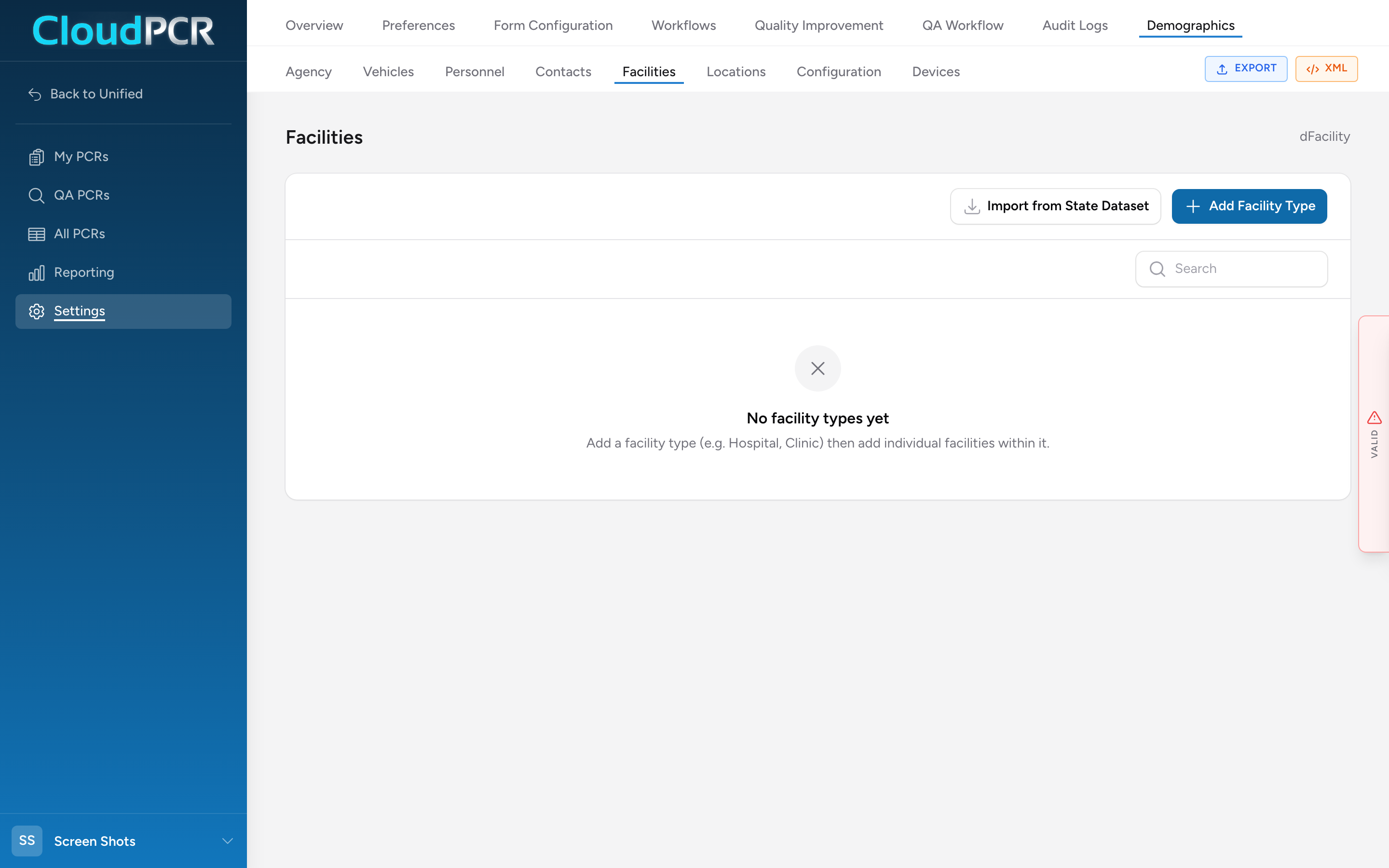The Demographics Facilities page with a list of hospitals and other destinations.