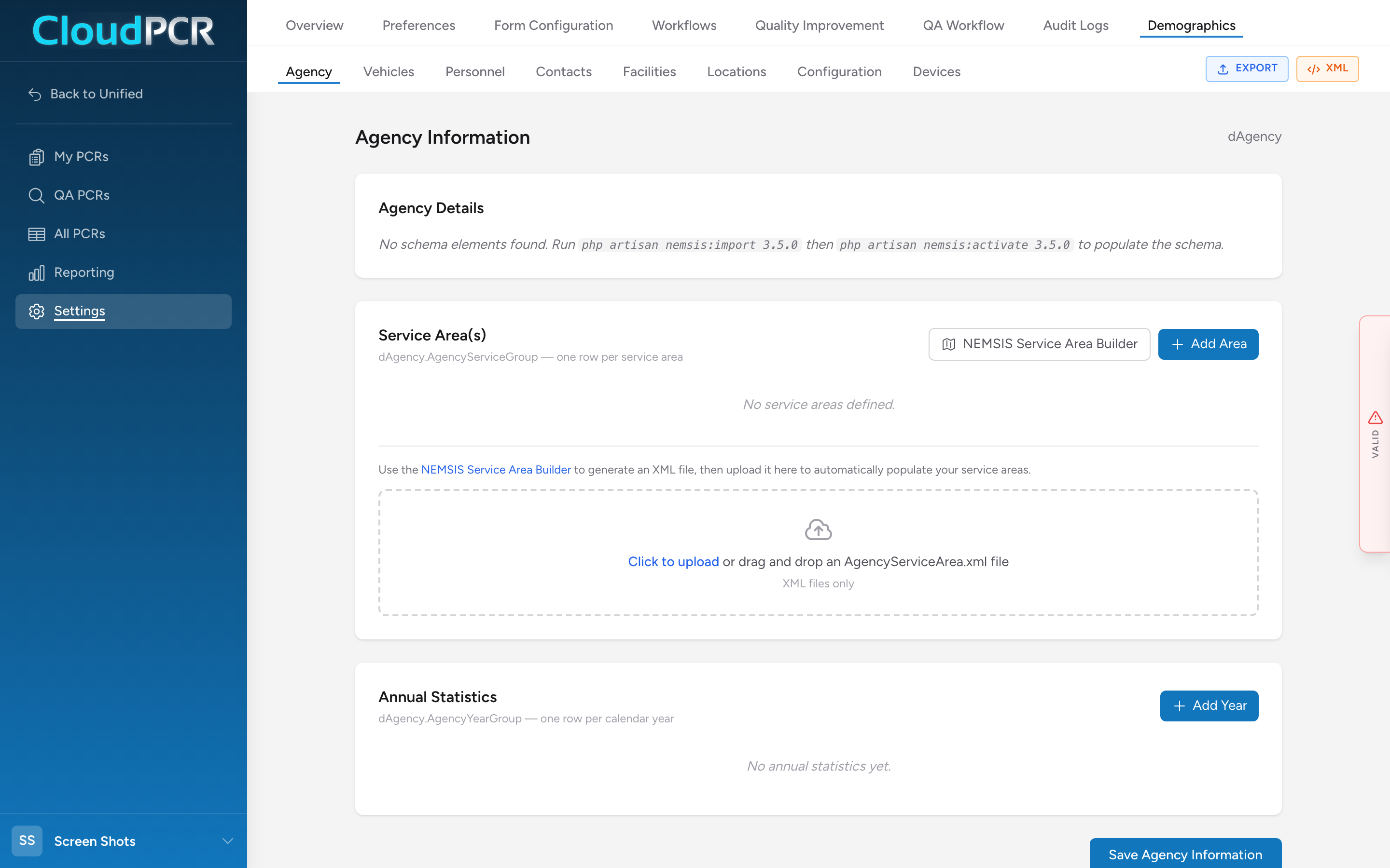 The Demographics landing page — the Agency sub-nav shows Agency, Vehicles, Personnel, Contacts, Facilities, Locations, Configuration, and Devices.
