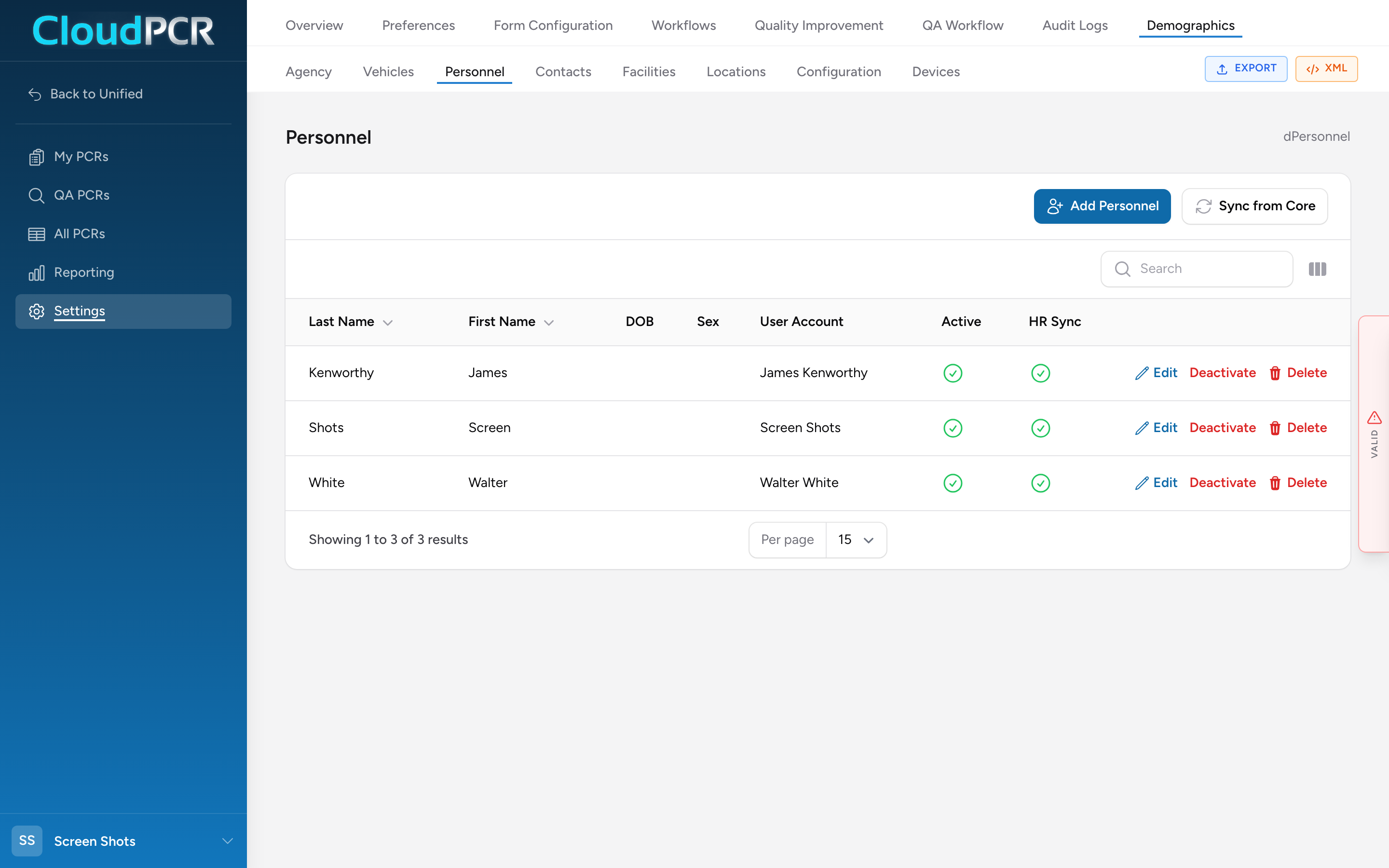 The Demographics Personnel page with the full staff list and Add Personnel button.