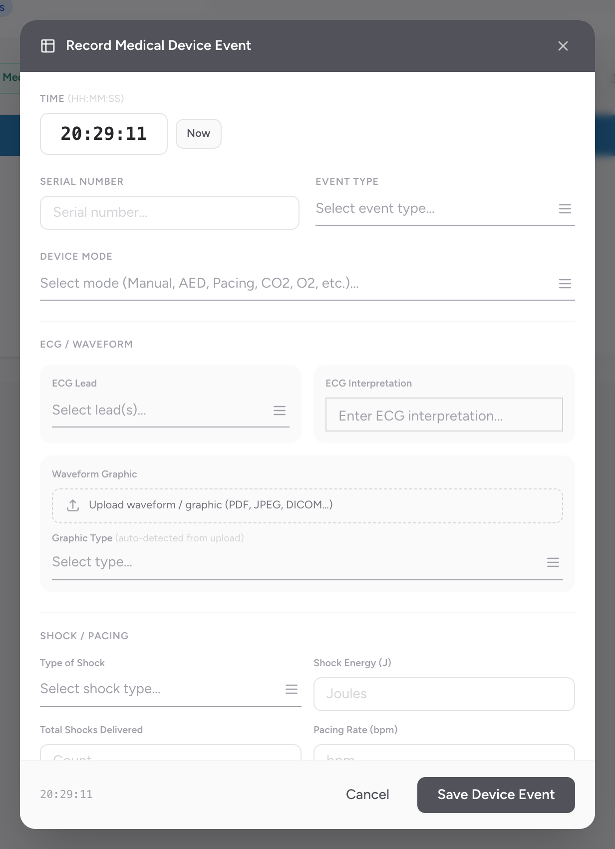 The Record Medical Device Event modal in CloudPCR with fields for time, serial number, event type, device mode, ECG, and shock/pacing.