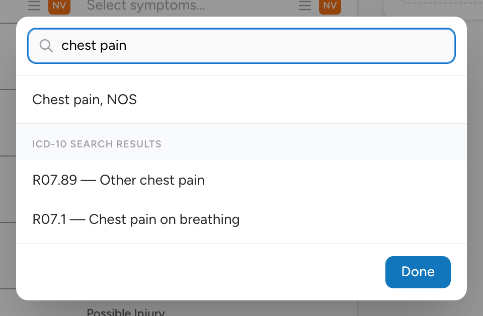 The Provider's Primary Impression search modal with "chest pain" typed and matching impressions shown in the results list.