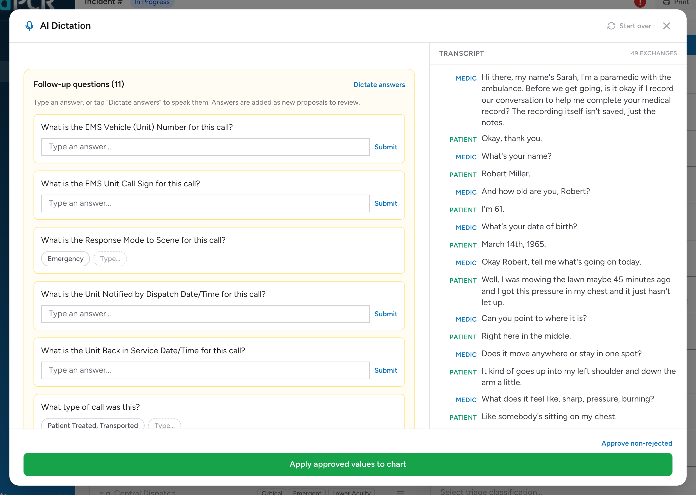 The AI Dictation review screen showing values pulled from a recorded patient conversation, each with a confidence score, next to the full conversation transcript.