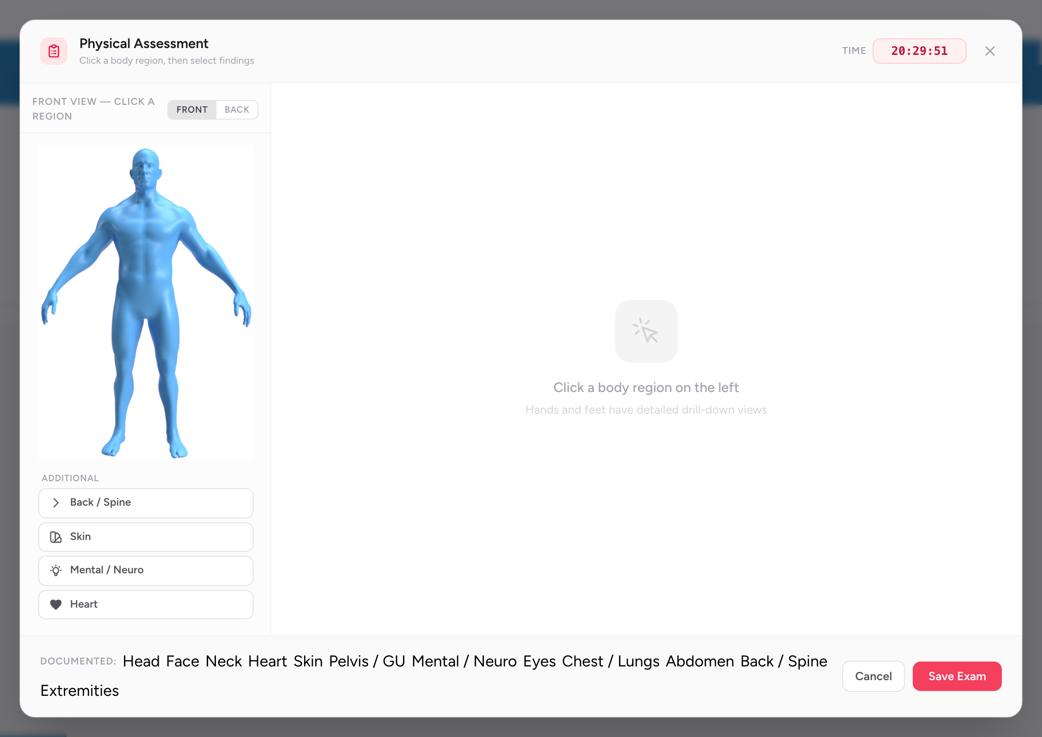 The Physical Assessment modal in CloudPCR with a body diagram and body-region buttons for Head, Face, Neck, Heart, Chest / Lungs, Abdomen, Pelvis / GU, Back / Spine, Extremities, Skin, Eyes, and Mental / Neuro.