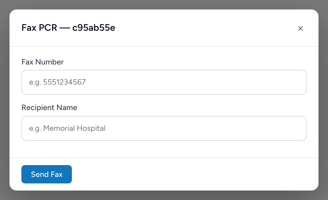 The Fax PCR modal in CloudPCR for faxing a PCR to a facility.