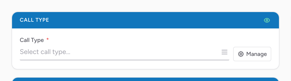 The Call Type section on the Incident page with the call type picker and the Manage button.
