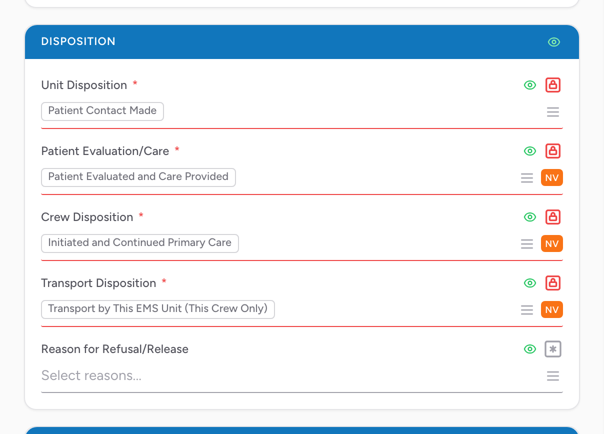 A form section in configuration mode with the eye and required toggles next to each field.