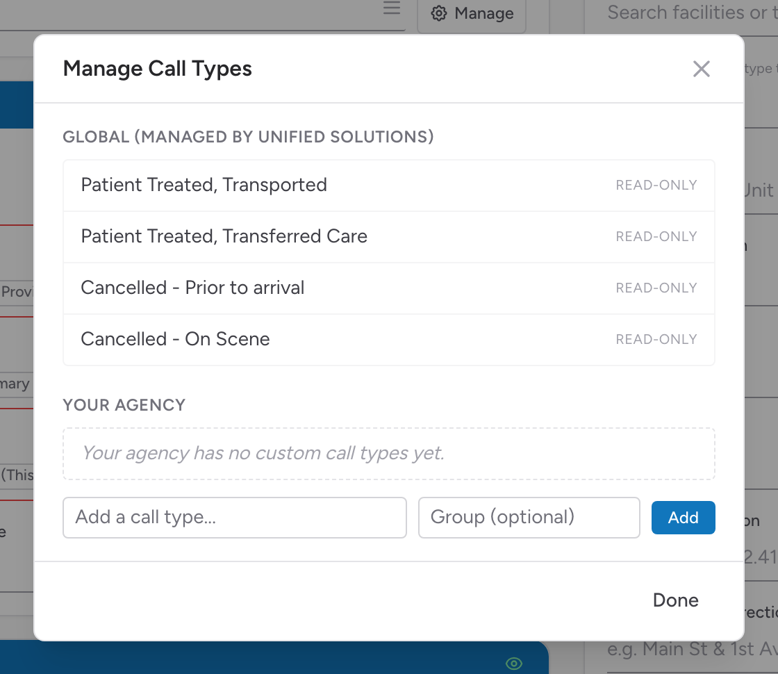 The Manage Call Types window with global read-only call types and the agency's own list.