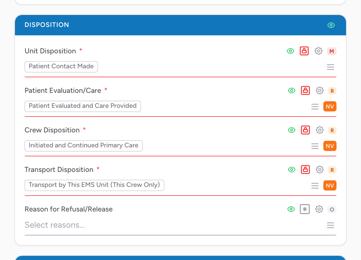A form section in configuration mode with the gear icon next to each field's eye and asterisk toggles.