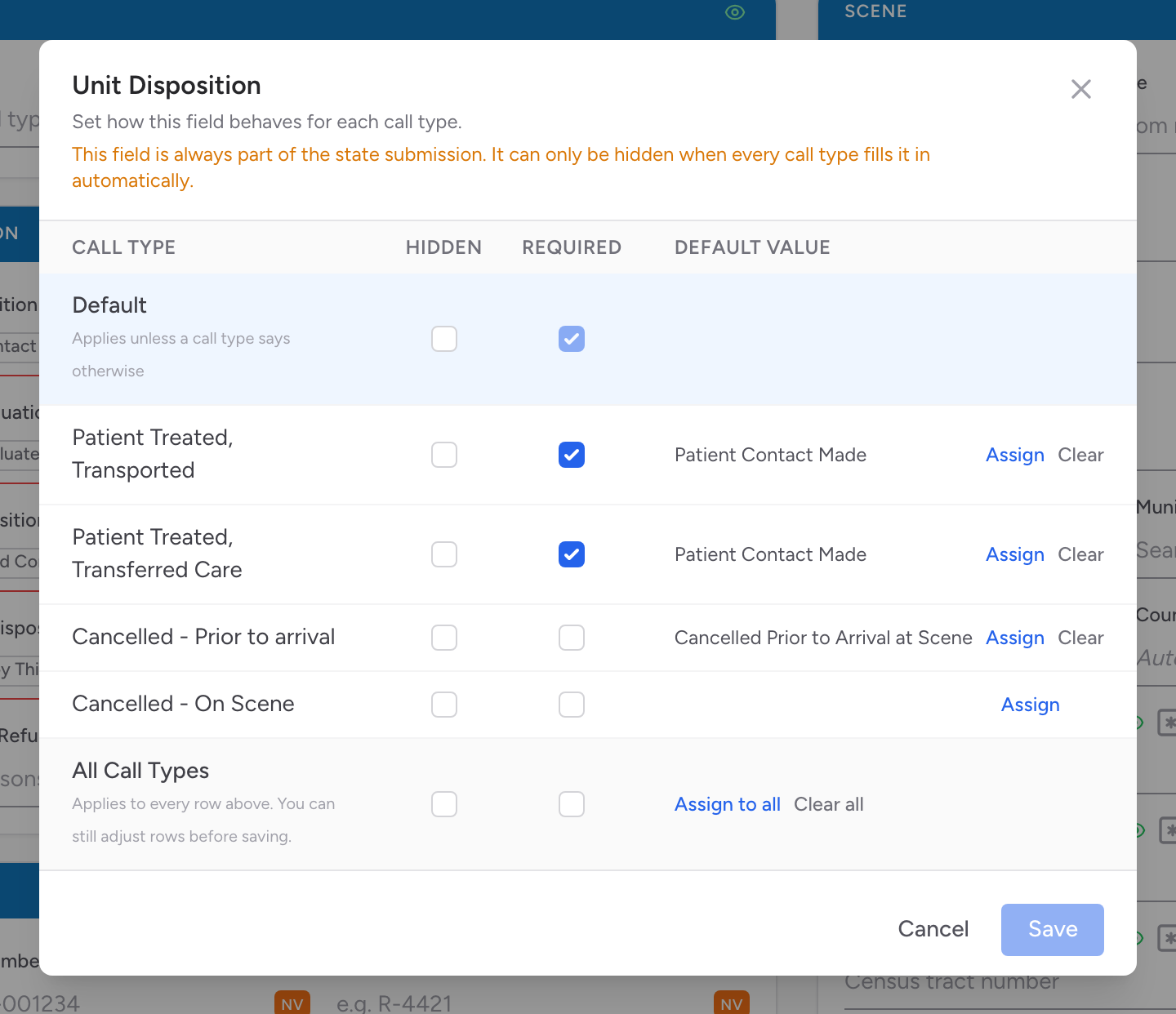 The Call type settings window listing a Default row and one row per call type, each with Hidden and Required checkboxes and a Default Value column.