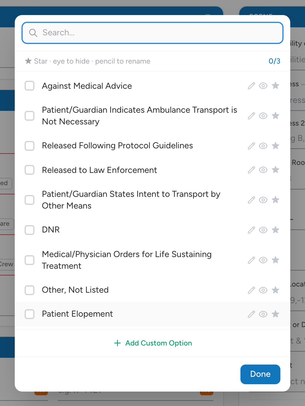 An open dropdown in Form Configuration showing the star, eye, and pencil controls on each option.