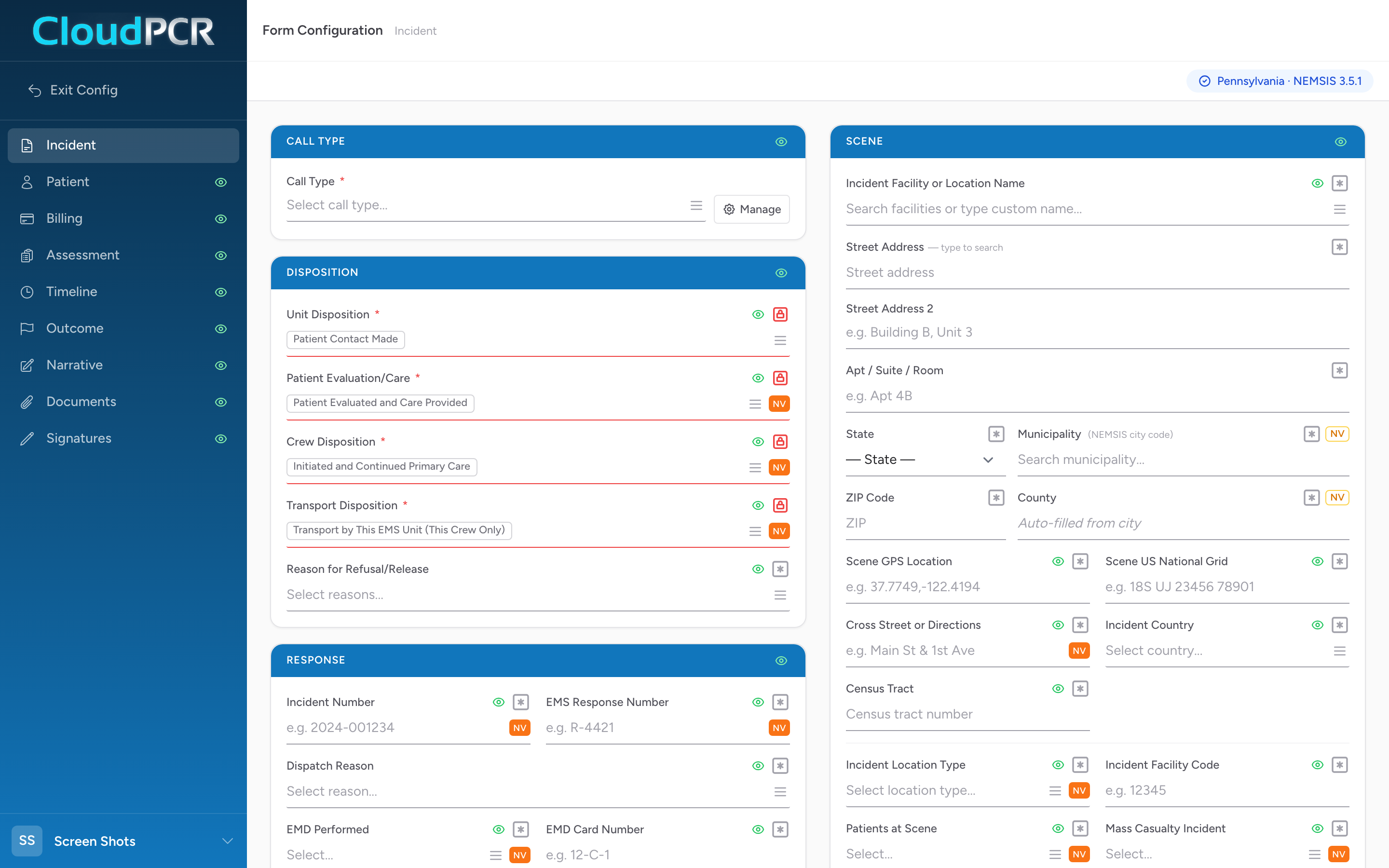 The Form Configuration page showing a live copy of the PCR form with the page list on the left.