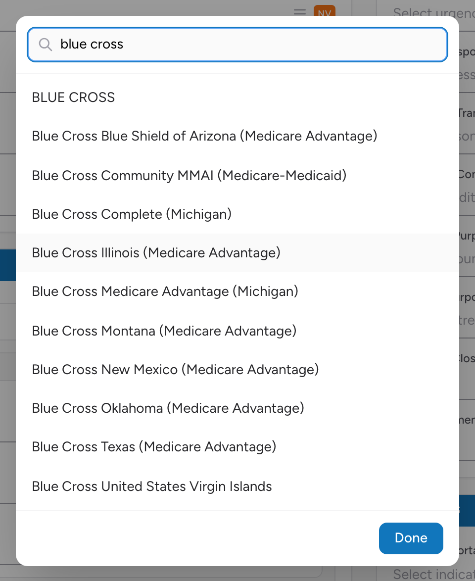 The insurance company search modal with "blue cross" typed and matching insurance companies shown in the results list.