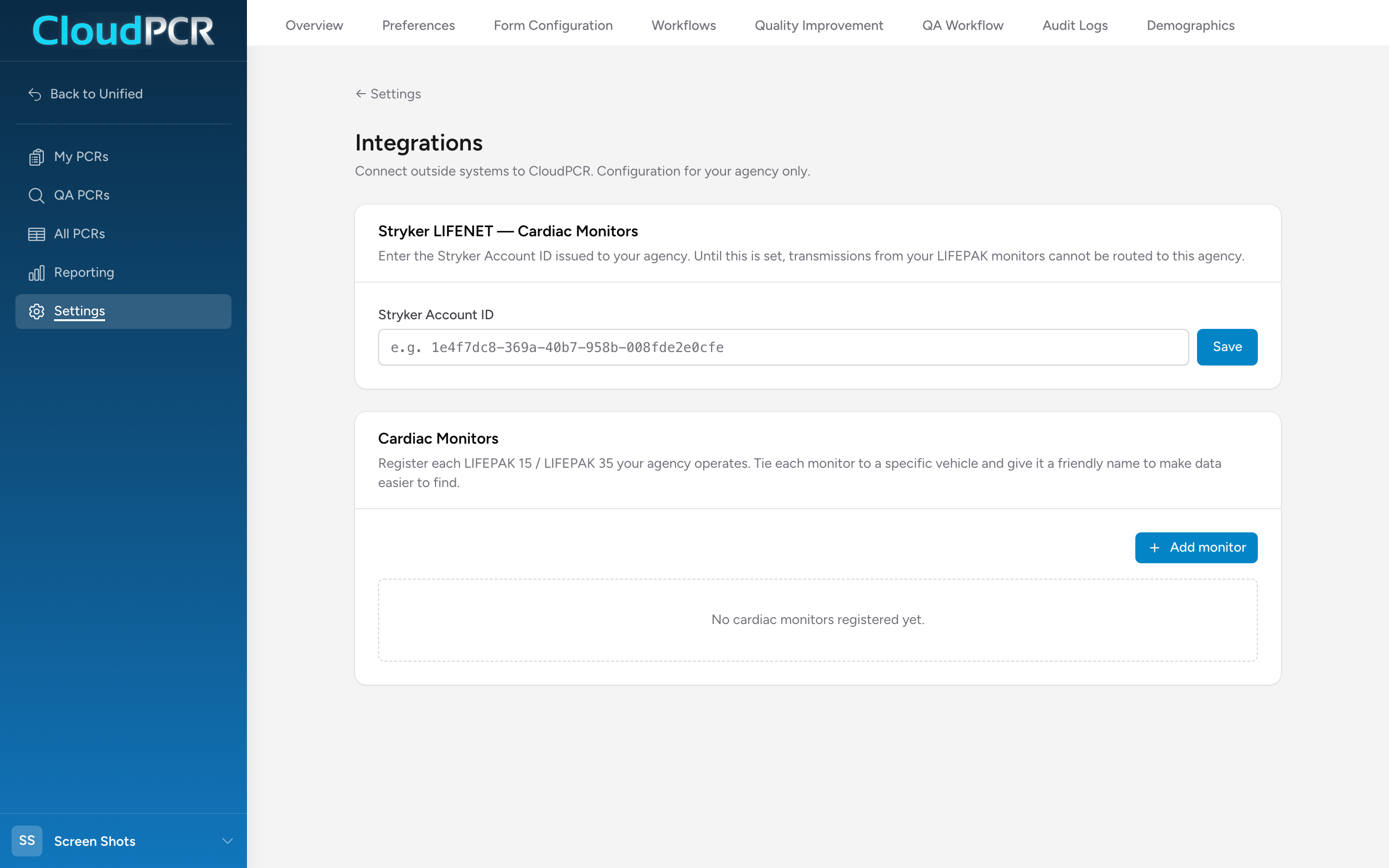 The Integrations page in CloudPCR Settings showing the Stryker Account ID field and the Cardiac Monitors table.