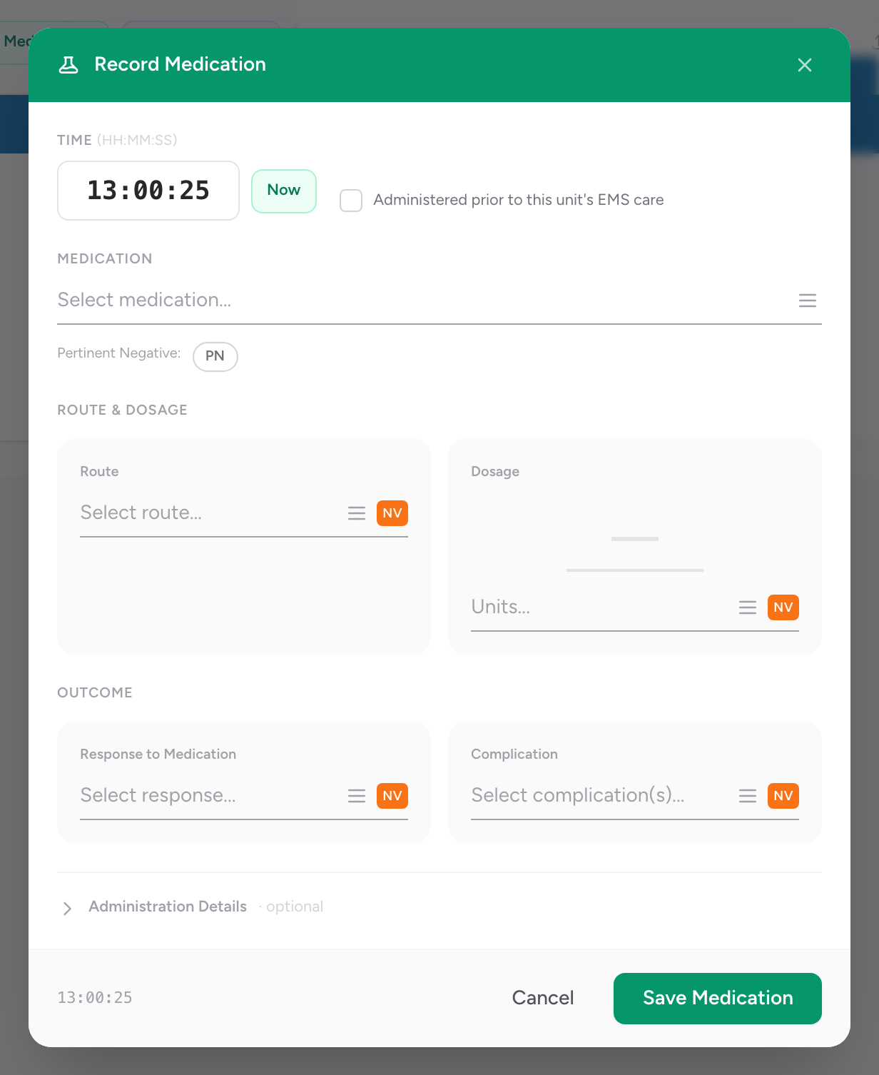 The Record Medication modal open over the Timeline tab with fields for medication, dose, route, and administered-by.