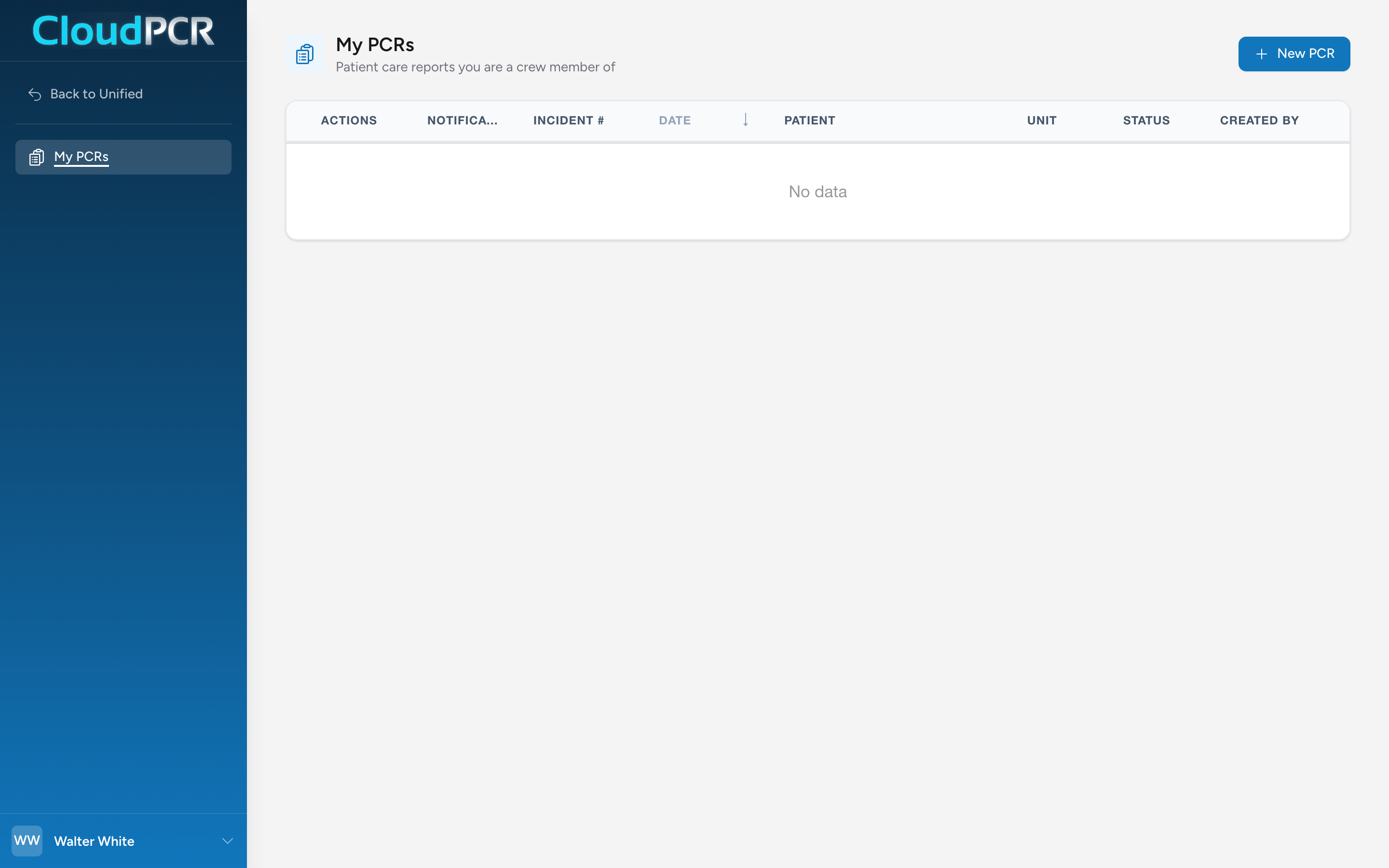 The My PCRs page with a list of patient care reports the signed-in user has worked on.
