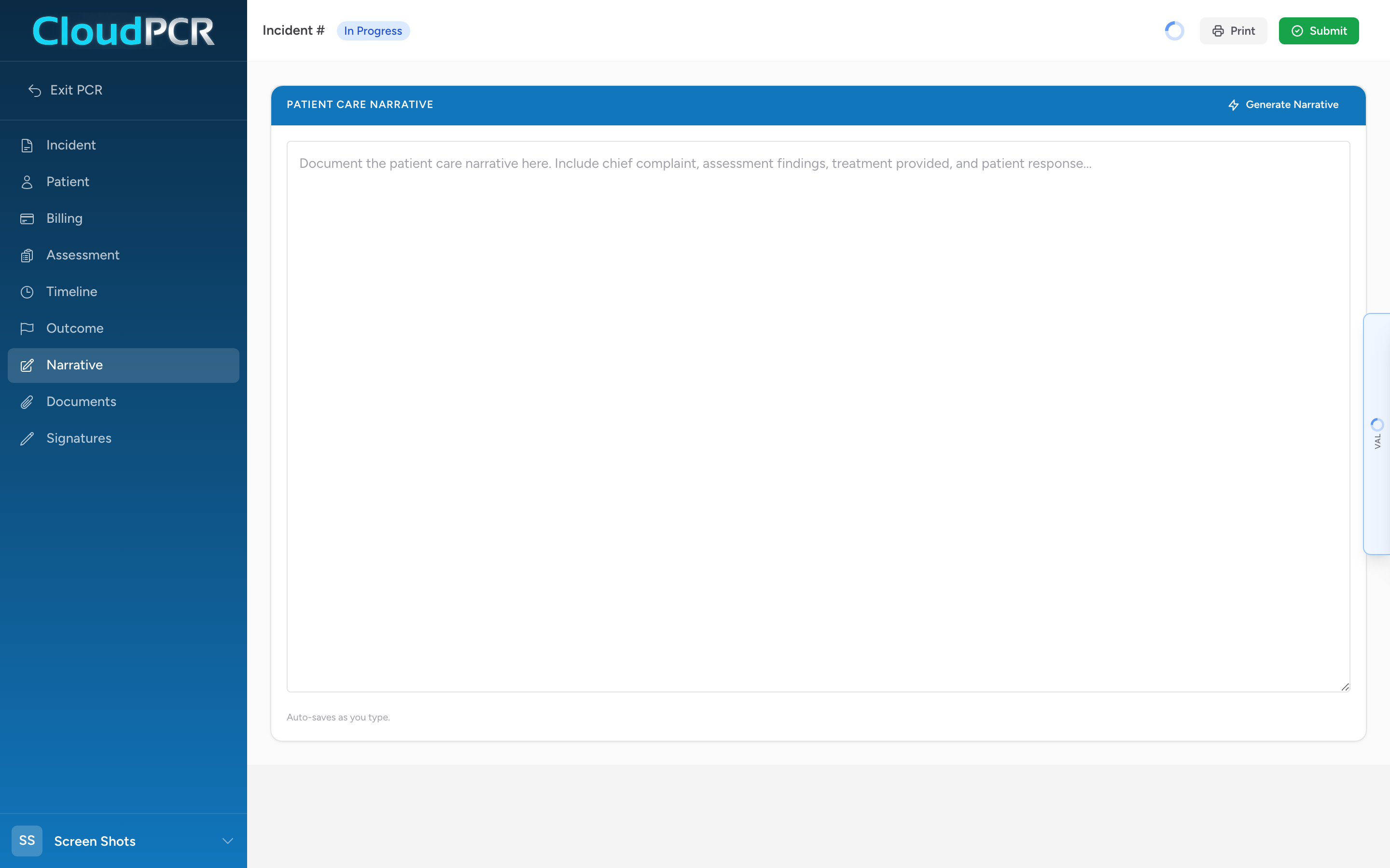 The Narrative tab of a CloudPCR record showing the Patient Care Narrative text area and the Generate Narrative button in the section header.