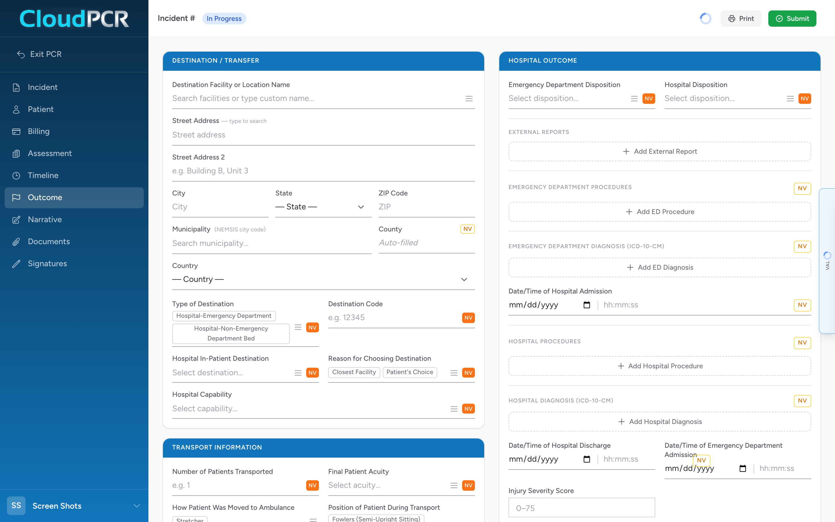 The Outcome tab of a CloudPCR record with Destination, Transport Information, Pre-Arrival Alerts, Hospital Outcome, Other Information, and Crew Injuries sections.