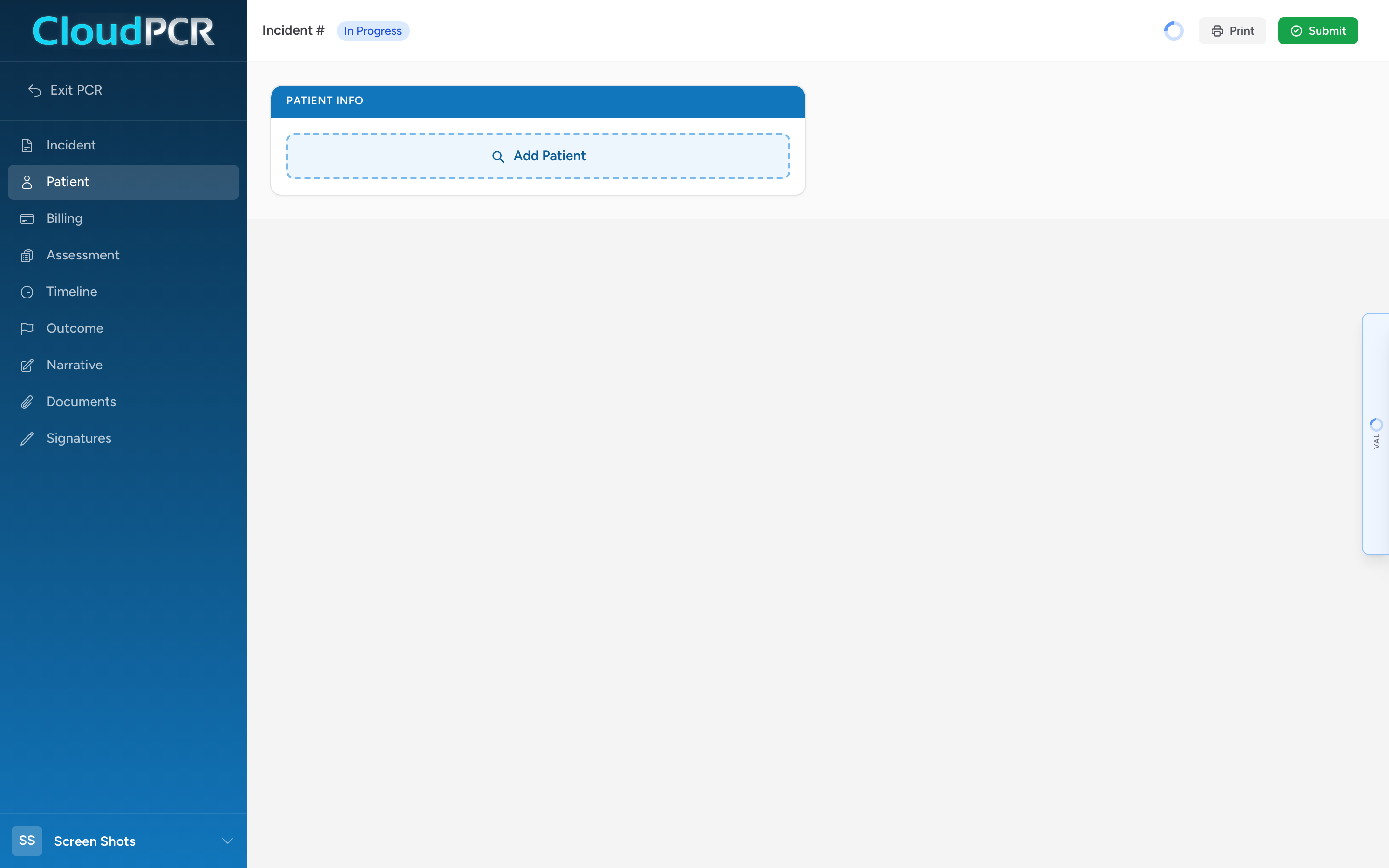 The Patient tab of a CloudPCR record with Patient Info, Parent/Guardian/NOK, Drivers License, Practitioners, Immunizations, PMH, and Medications sections.