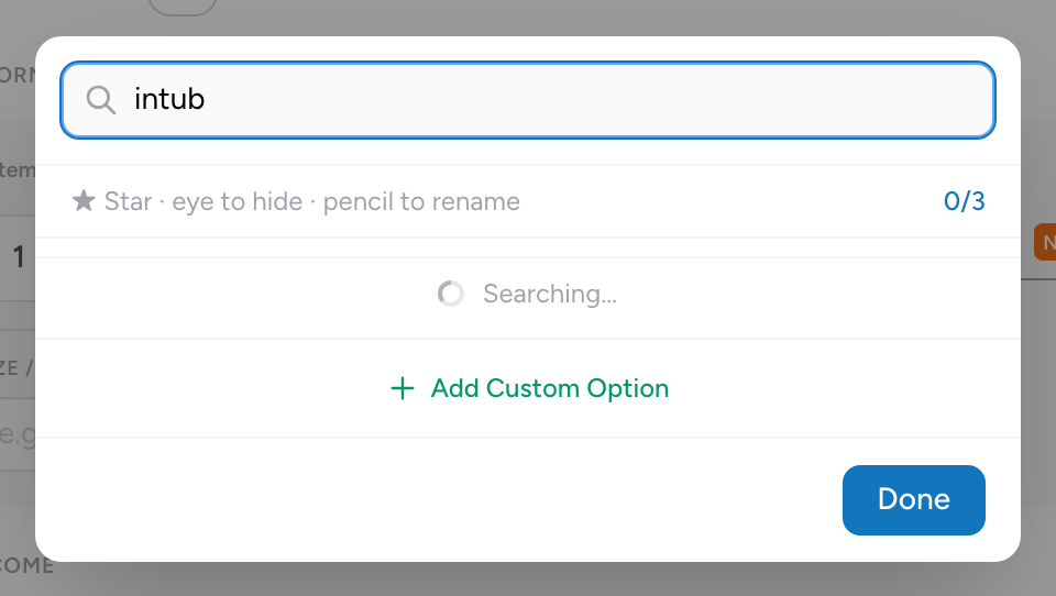 The procedure picker modal with the Search field at the top showing a search in progress for matching procedures.